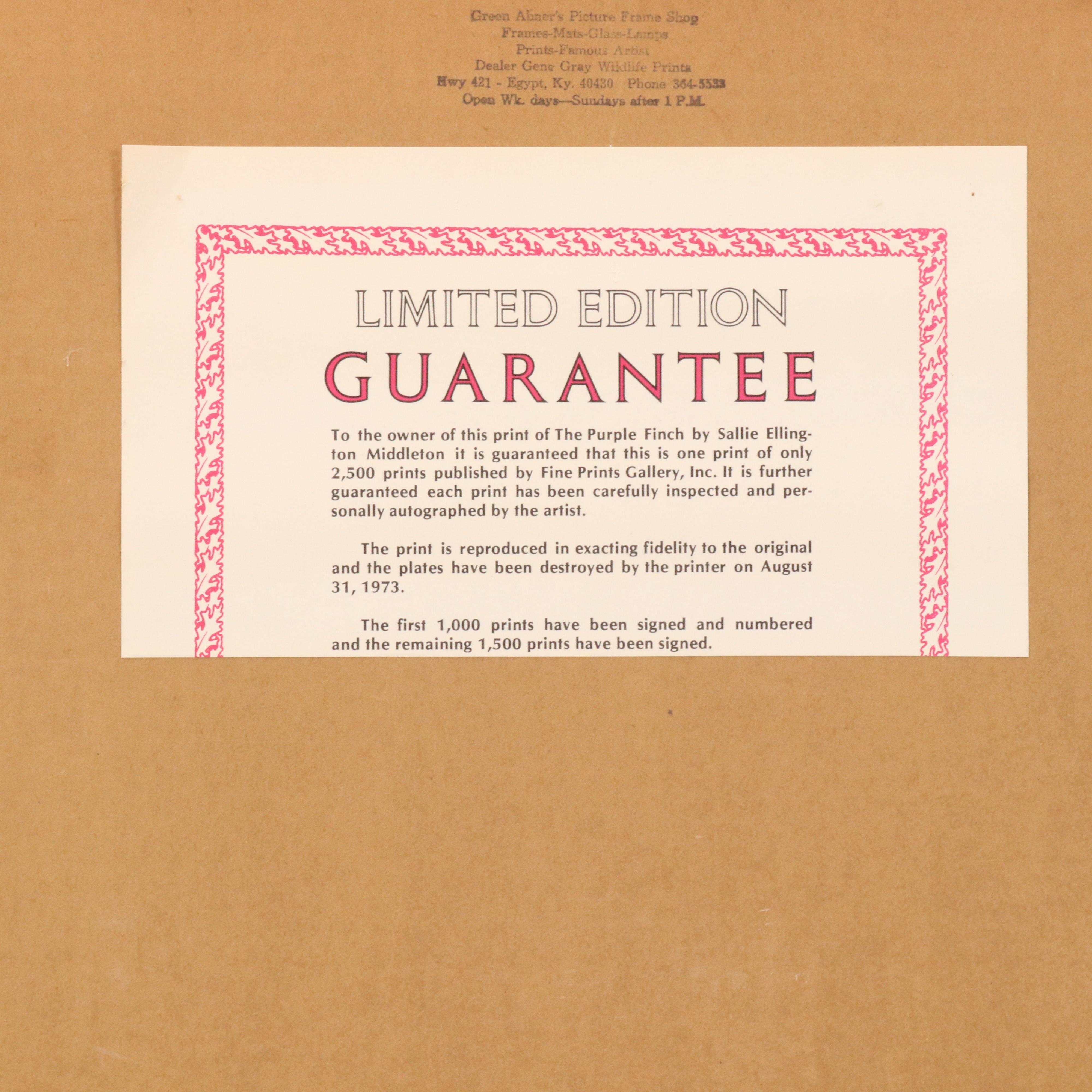 Sallie Ellington Middleton Offset Lithograph "Purple Finch," 1973