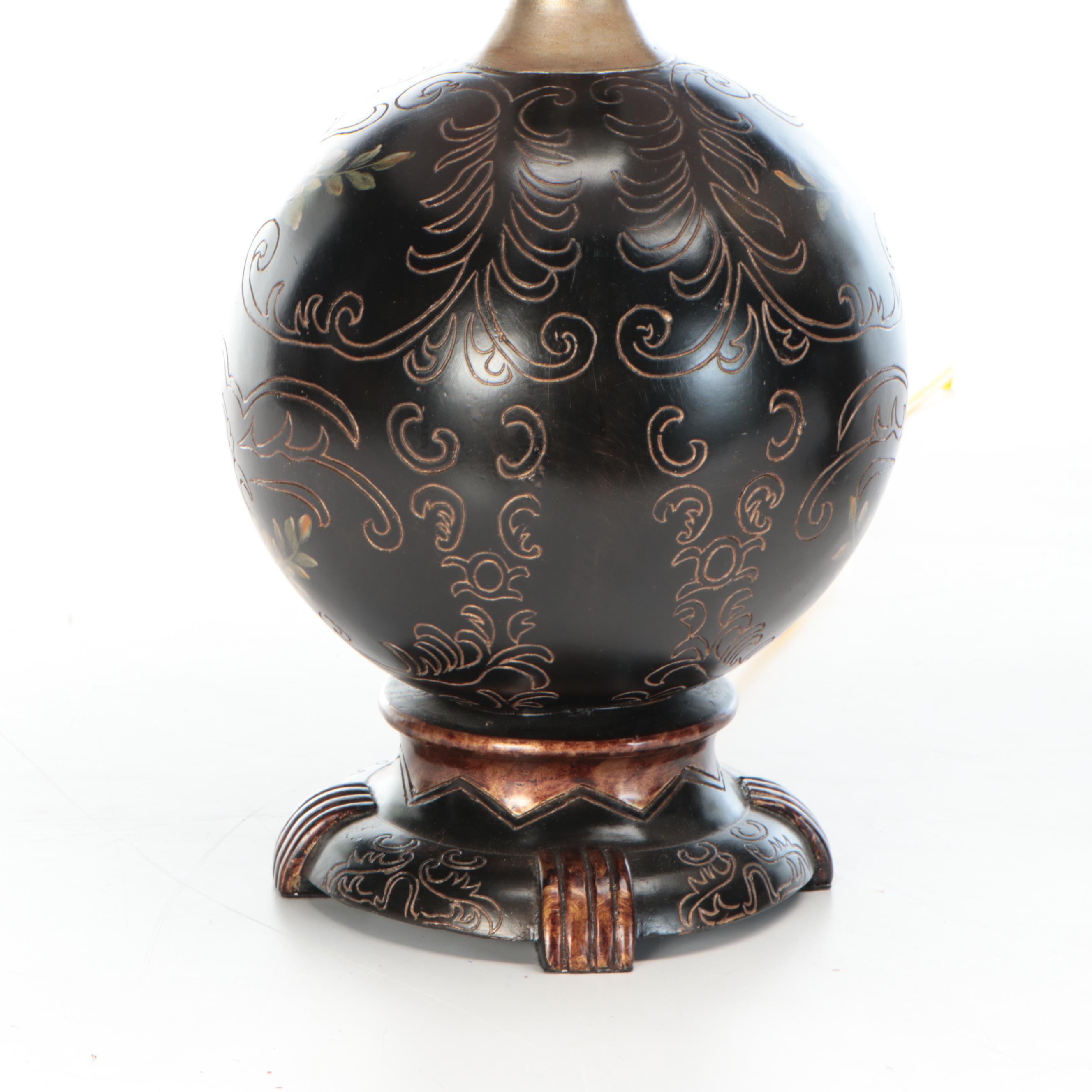 Etched Wood Table Lamp Pair With Silk Shades