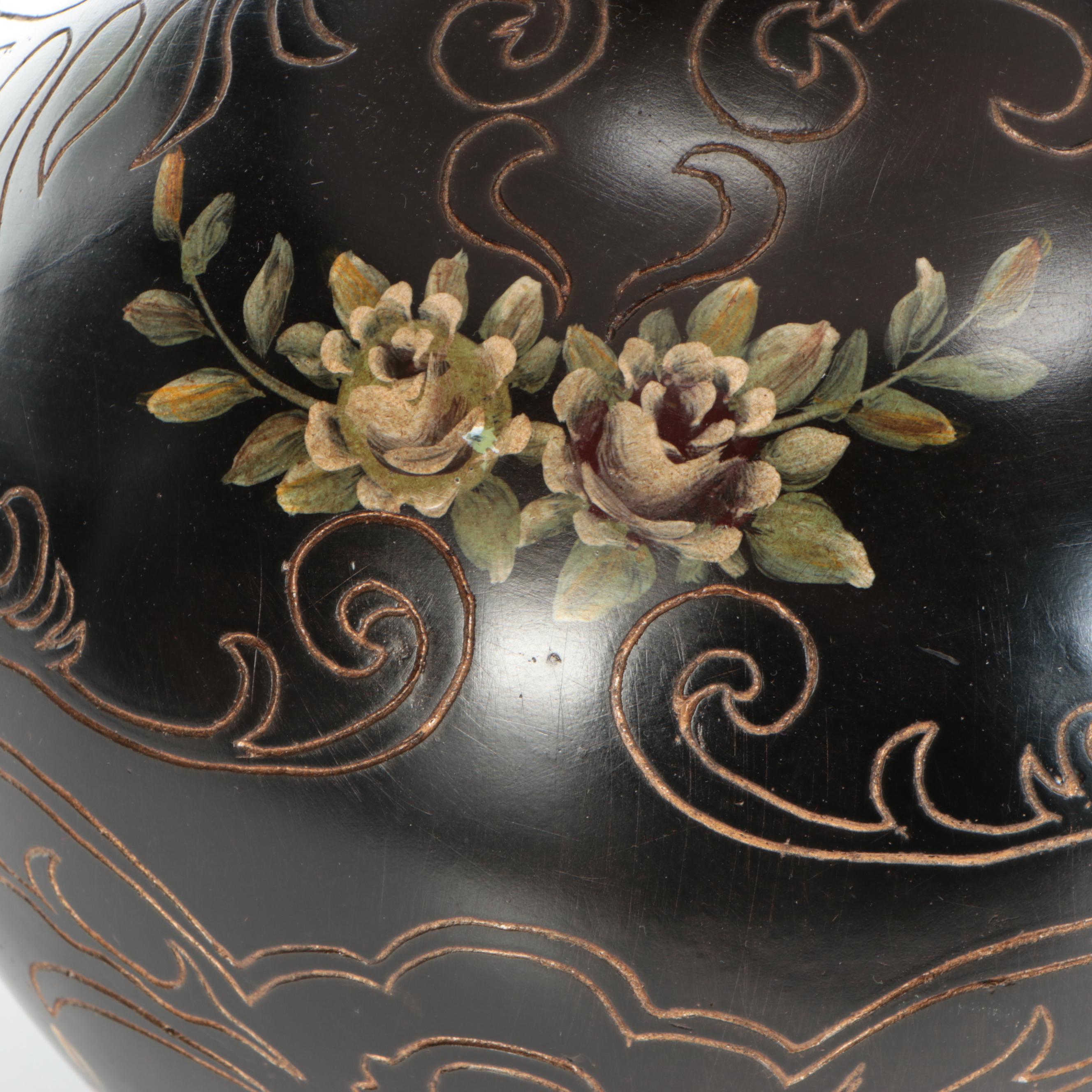 Etched Wood Table Lamp Pair With Silk Shades