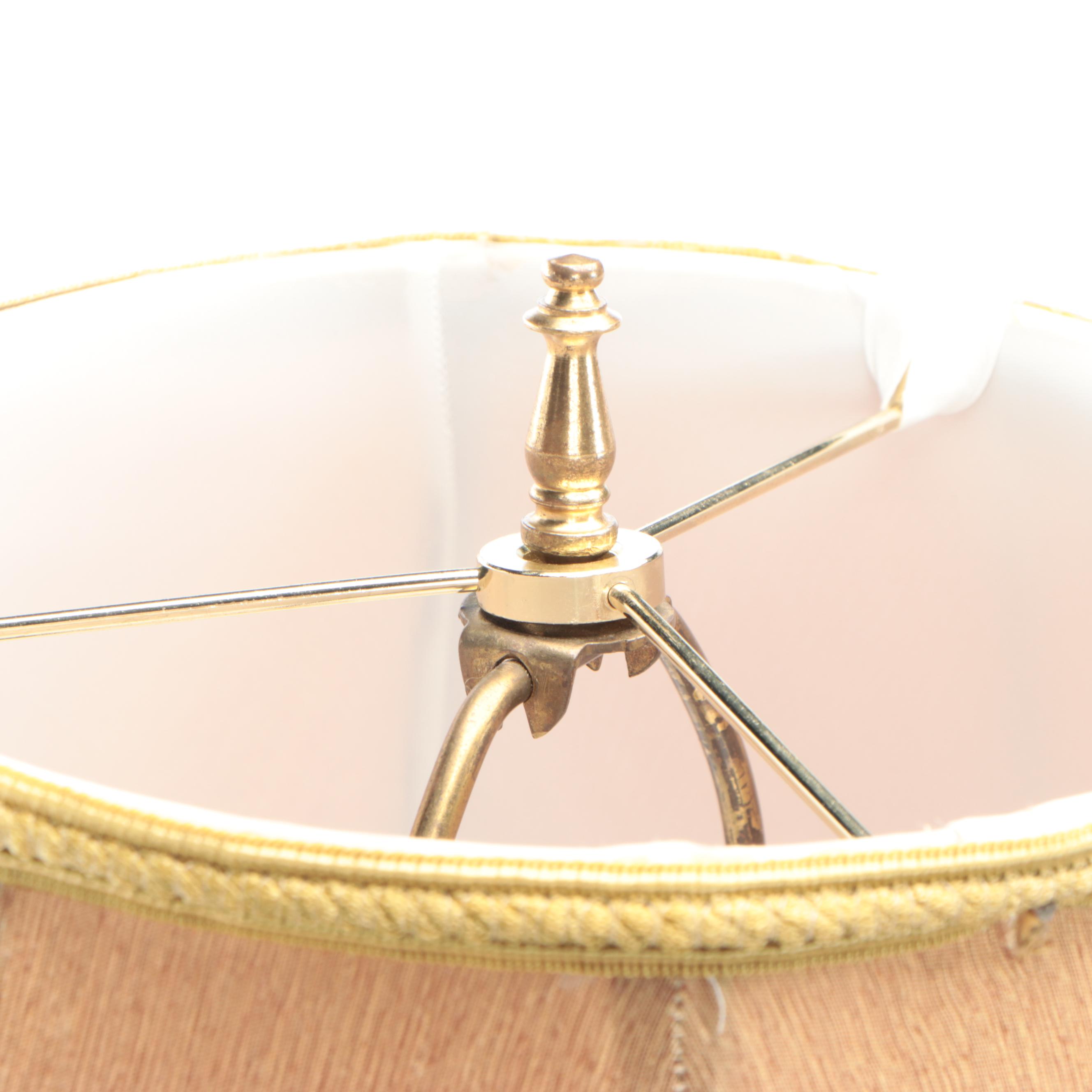 Etched Wood Table Lamp Pair With Silk Shades