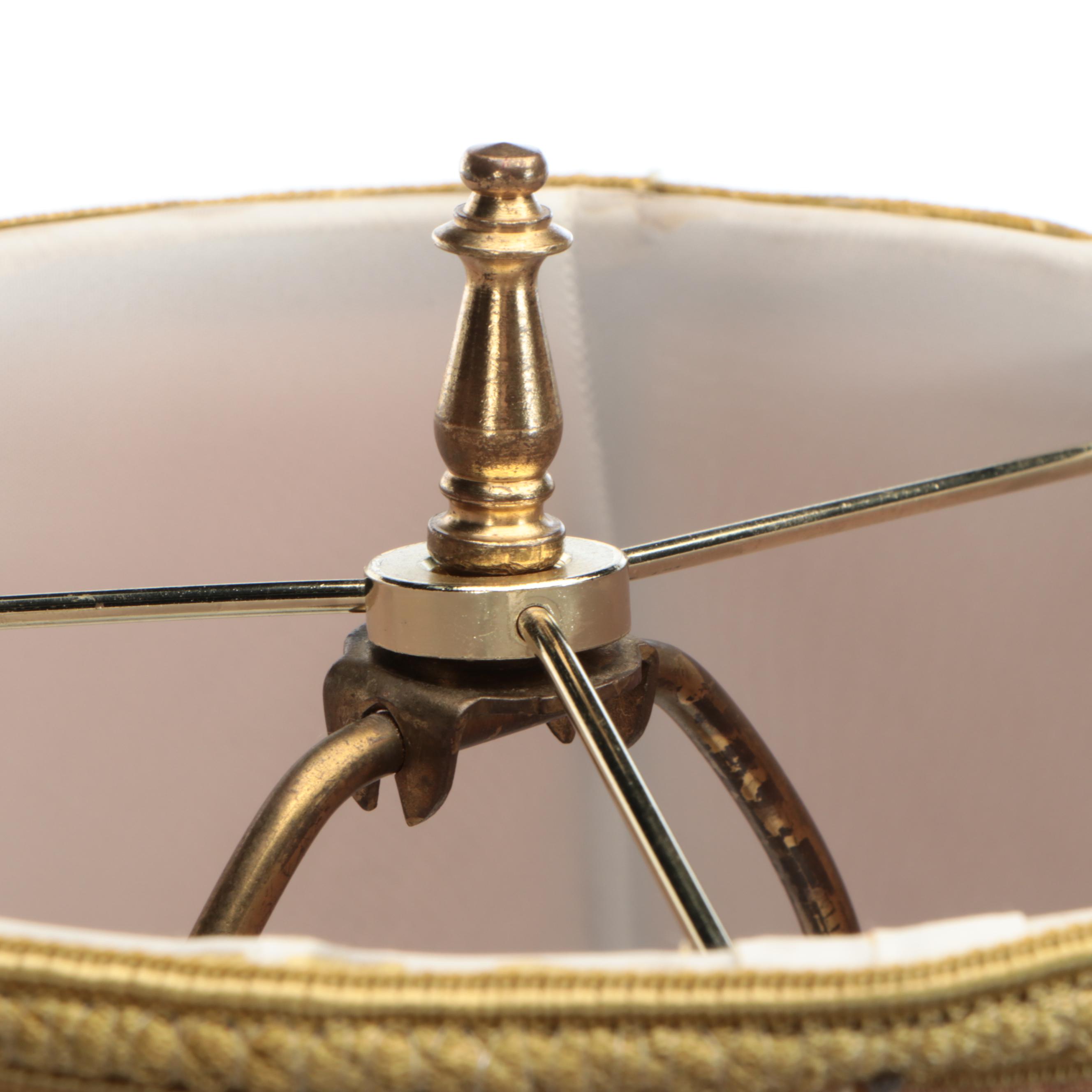 Etched Wood Table Lamp Pair With Silk Shades