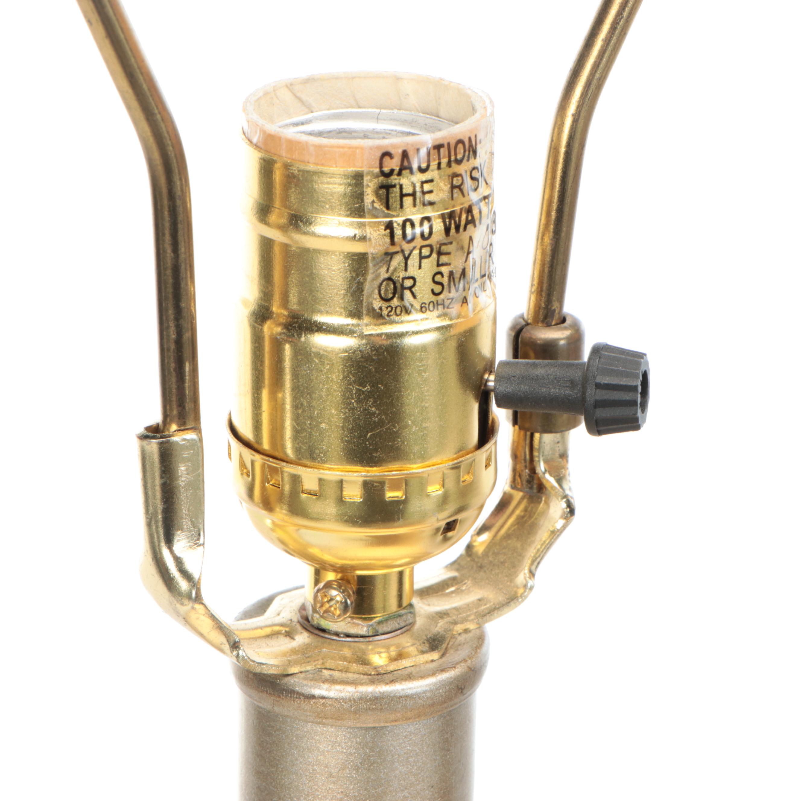 Etched Wood Table Lamp Pair With Silk Shades