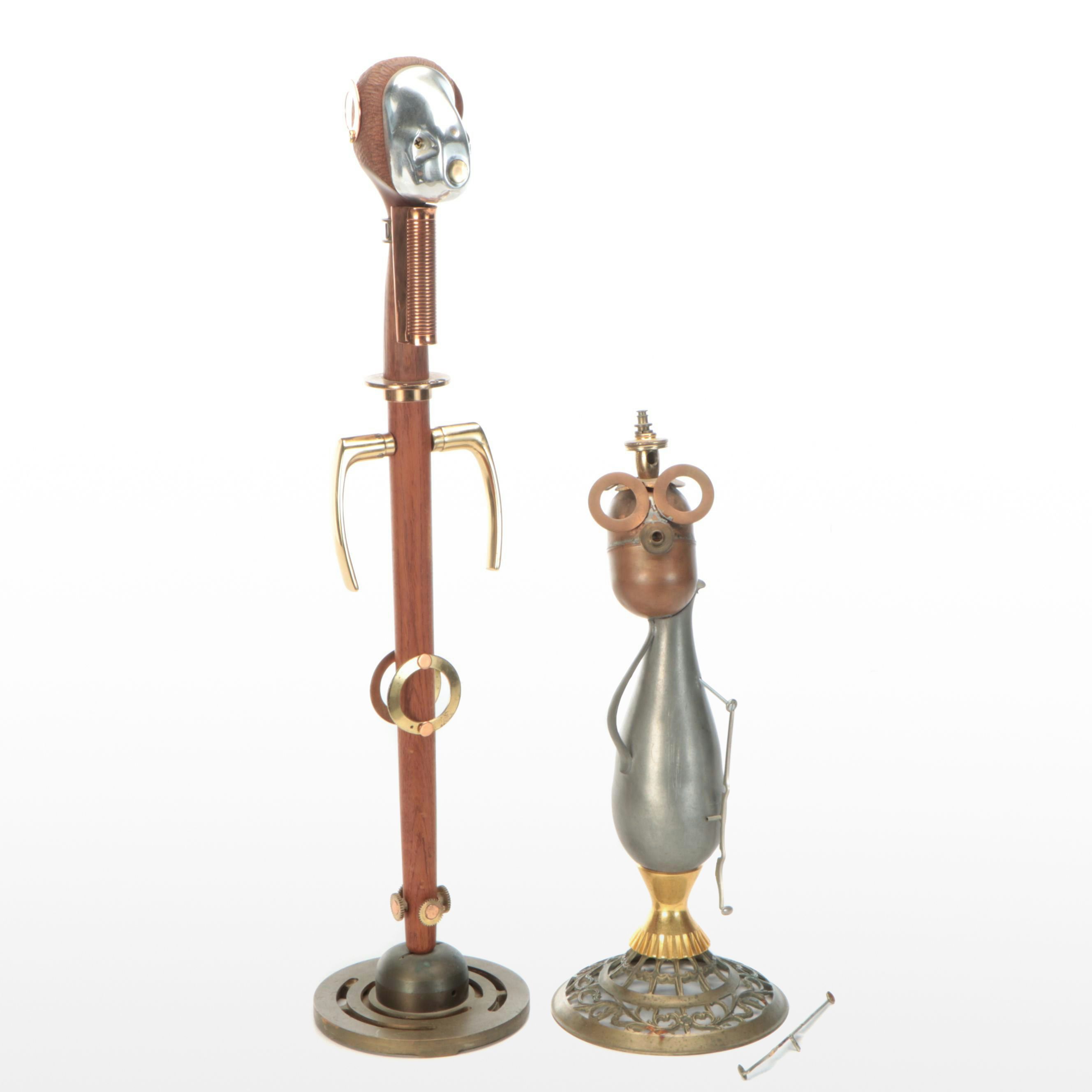 Mixed Metal and Wood Figural Sculptures