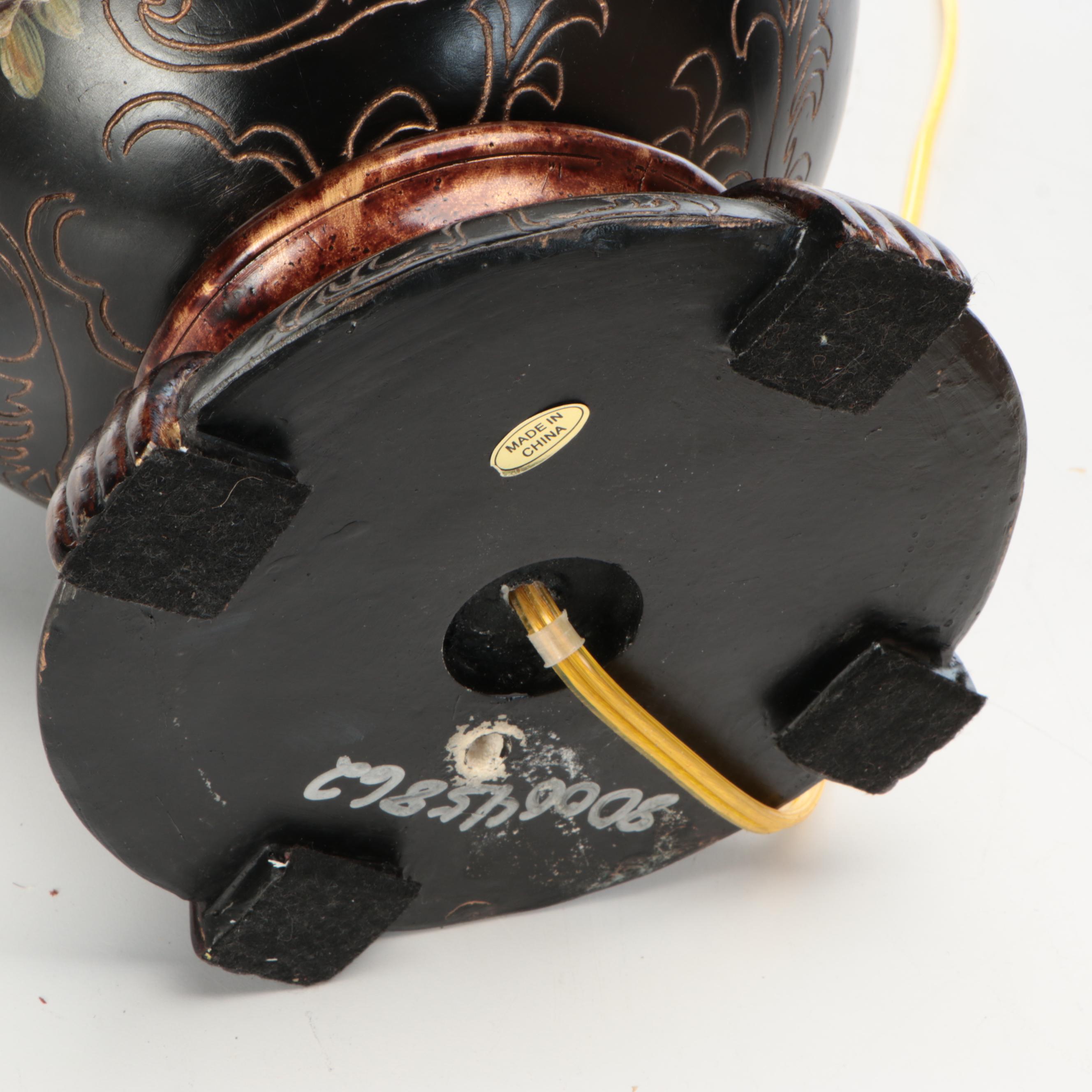 Etched Wood Table Lamp Pair With Silk Shades