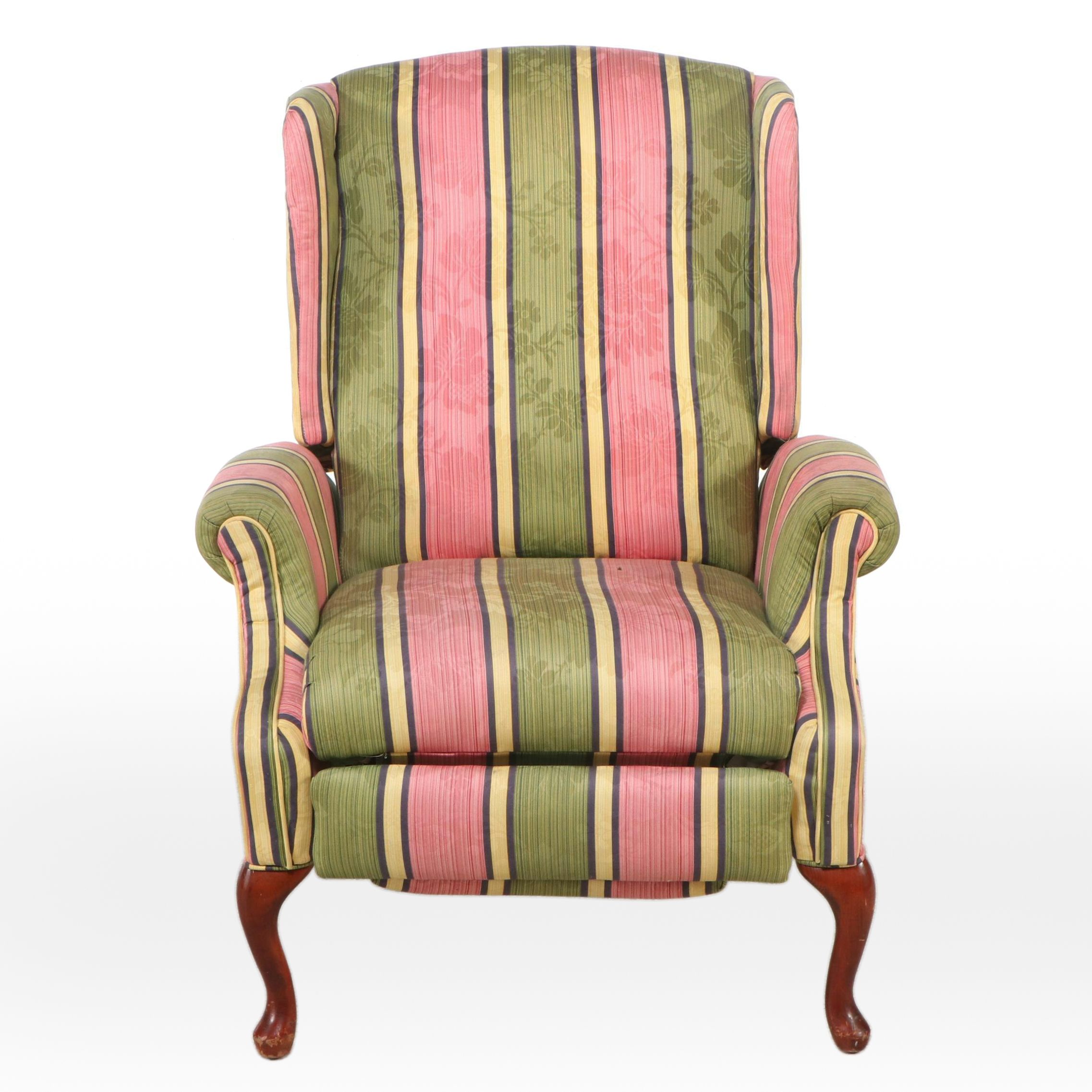 Queen Anne Style Striped Fabric Upholstered Wingback Recliner