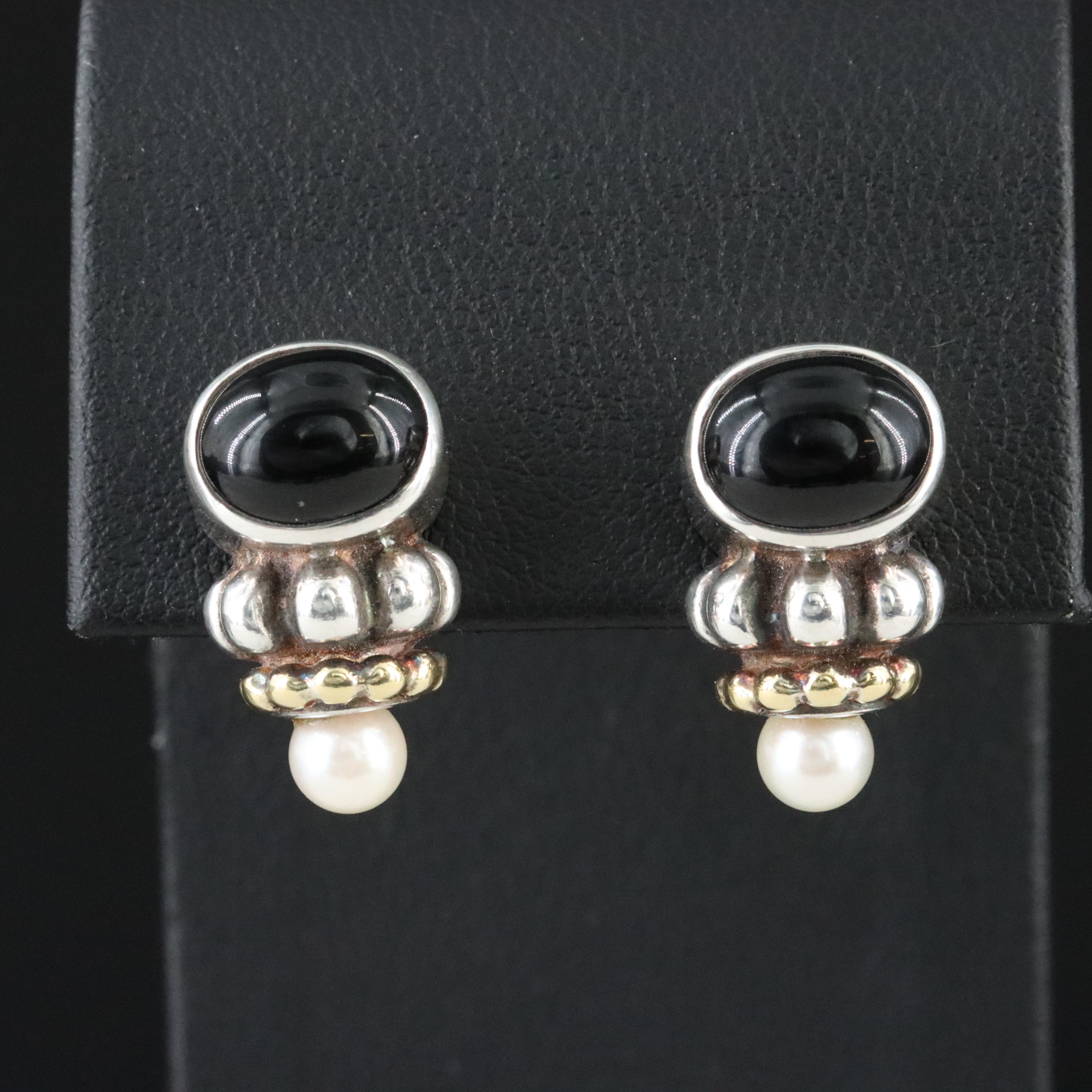 Caviar Sterling, Pearl and Black Onyx Earrings with 14K Accents