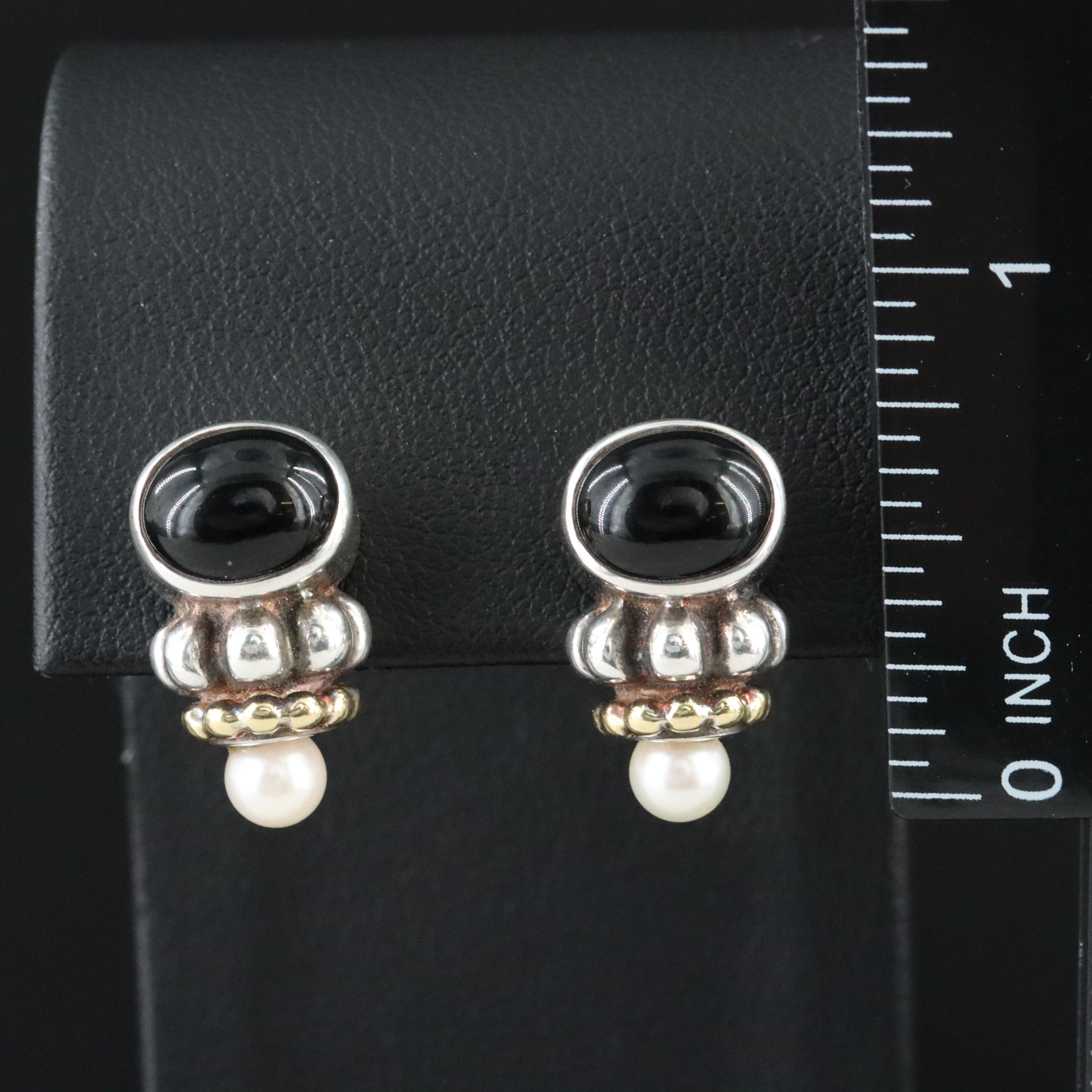 Caviar Sterling, Pearl and Black Onyx Earrings with 14K Accents