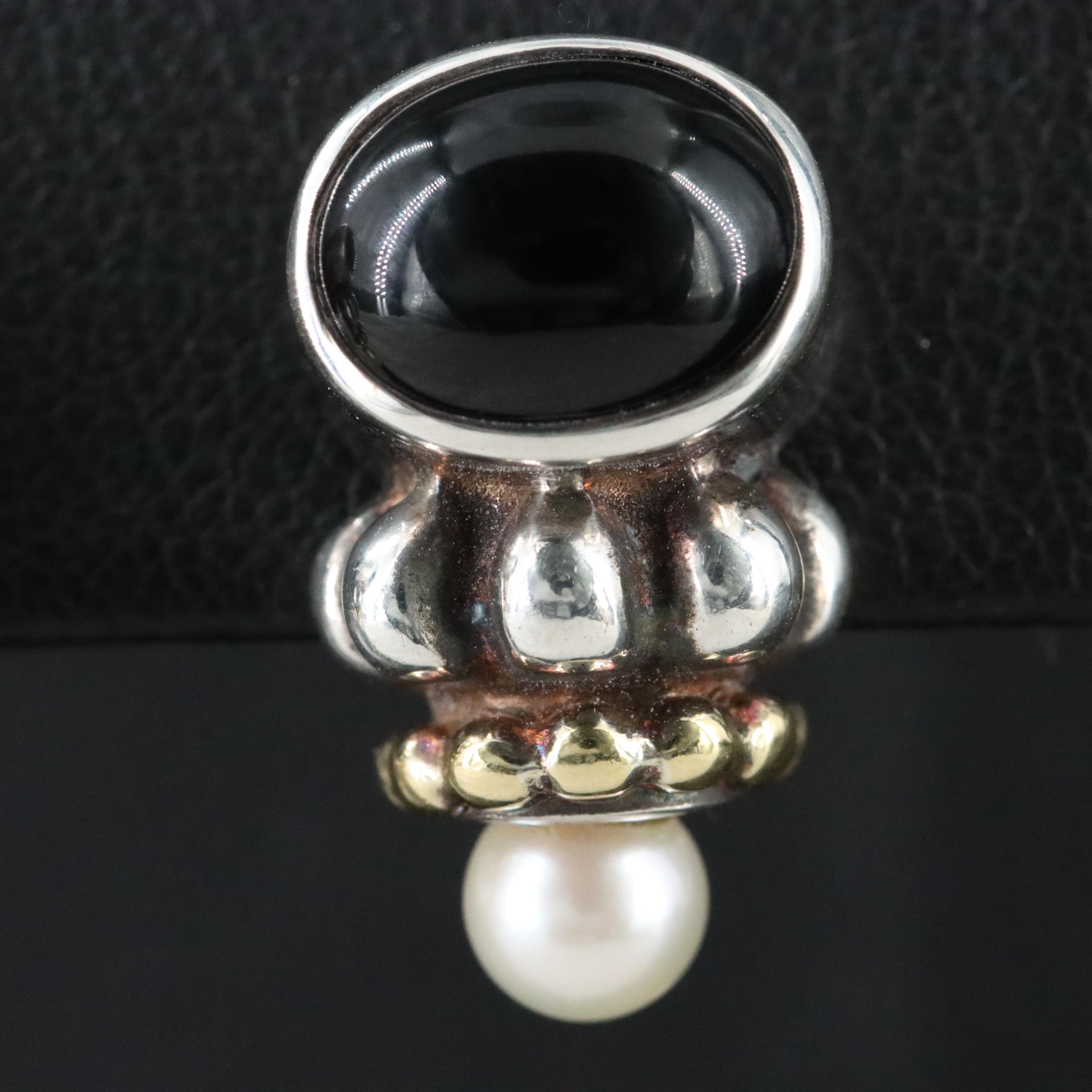 Caviar Sterling, Pearl and Black Onyx Earrings with 14K Accents
