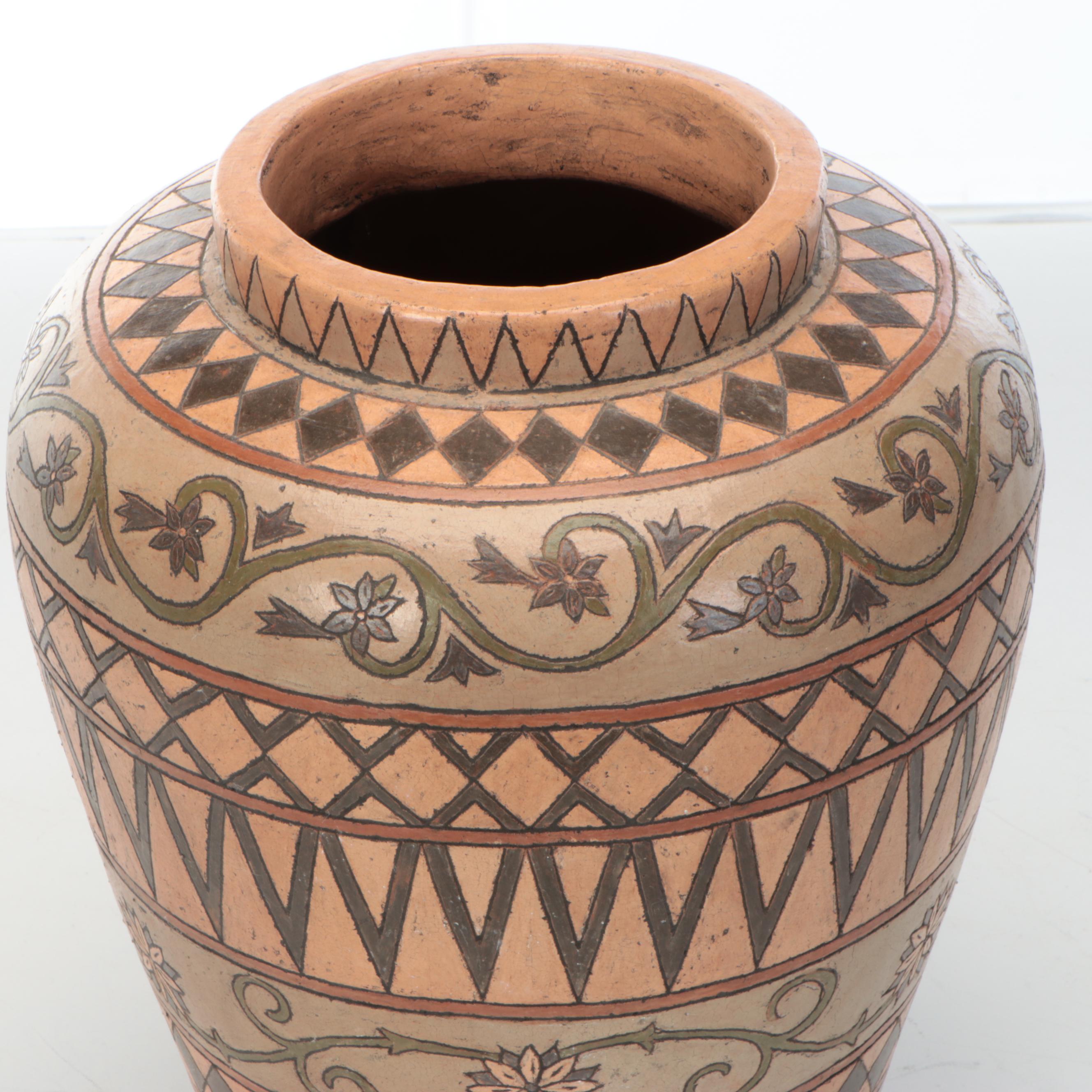 Mexican Art Pottery Hand-Etched Terracotta Planter