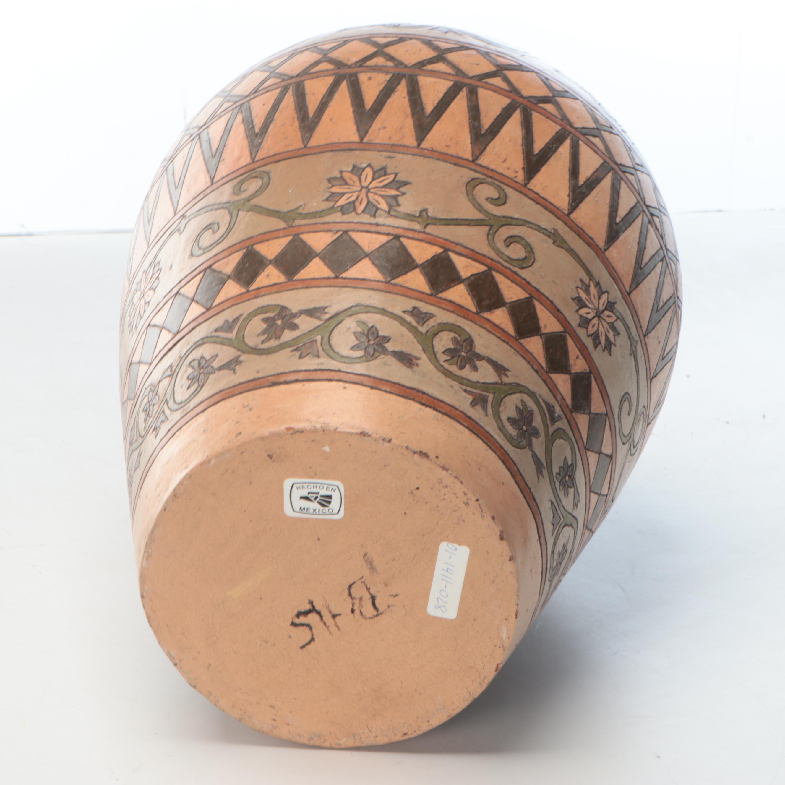 Mexican Art Pottery Hand-Etched Terracotta Planter