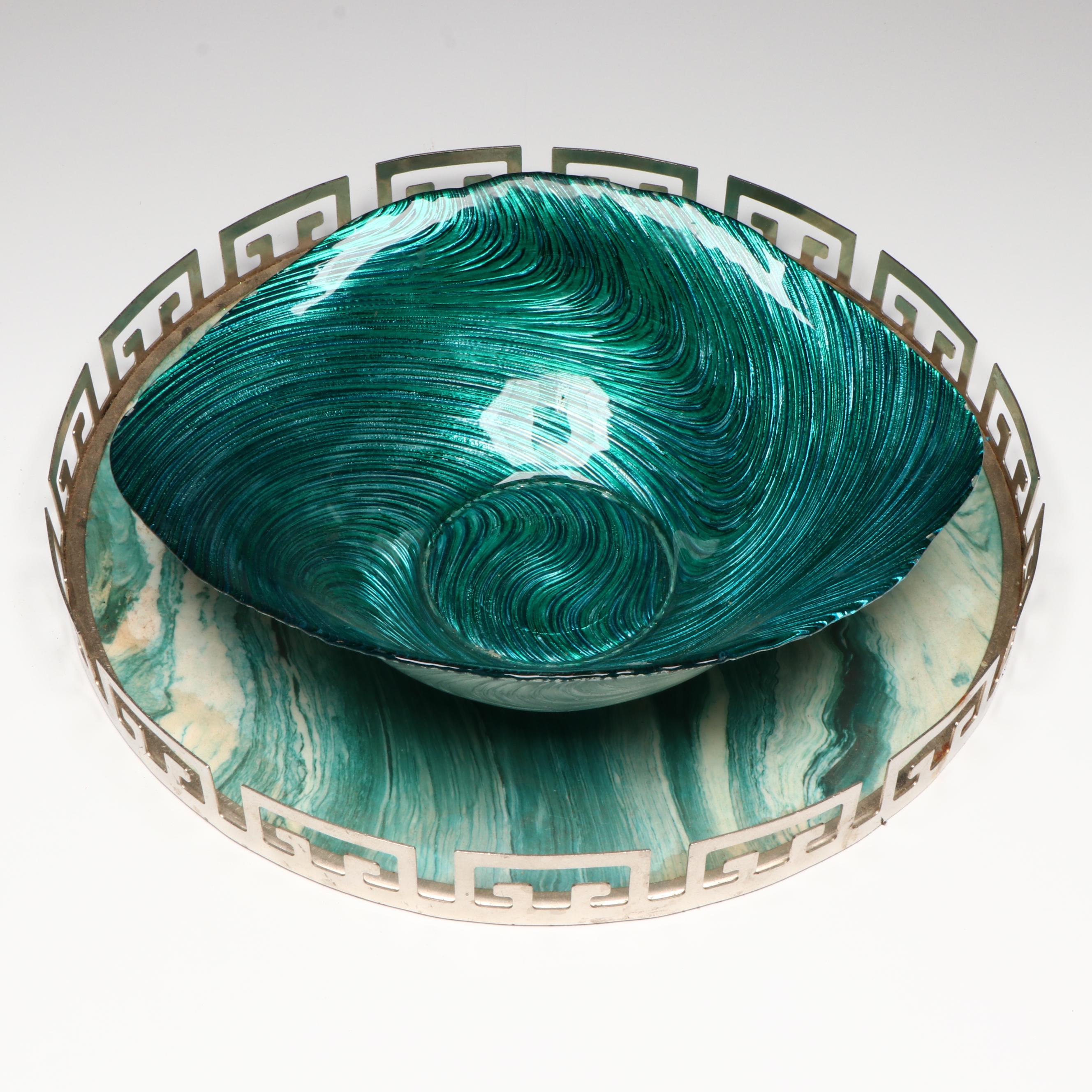 Contemporary Marbled Resin Round Tray with Enameled Centerpiece Bowl