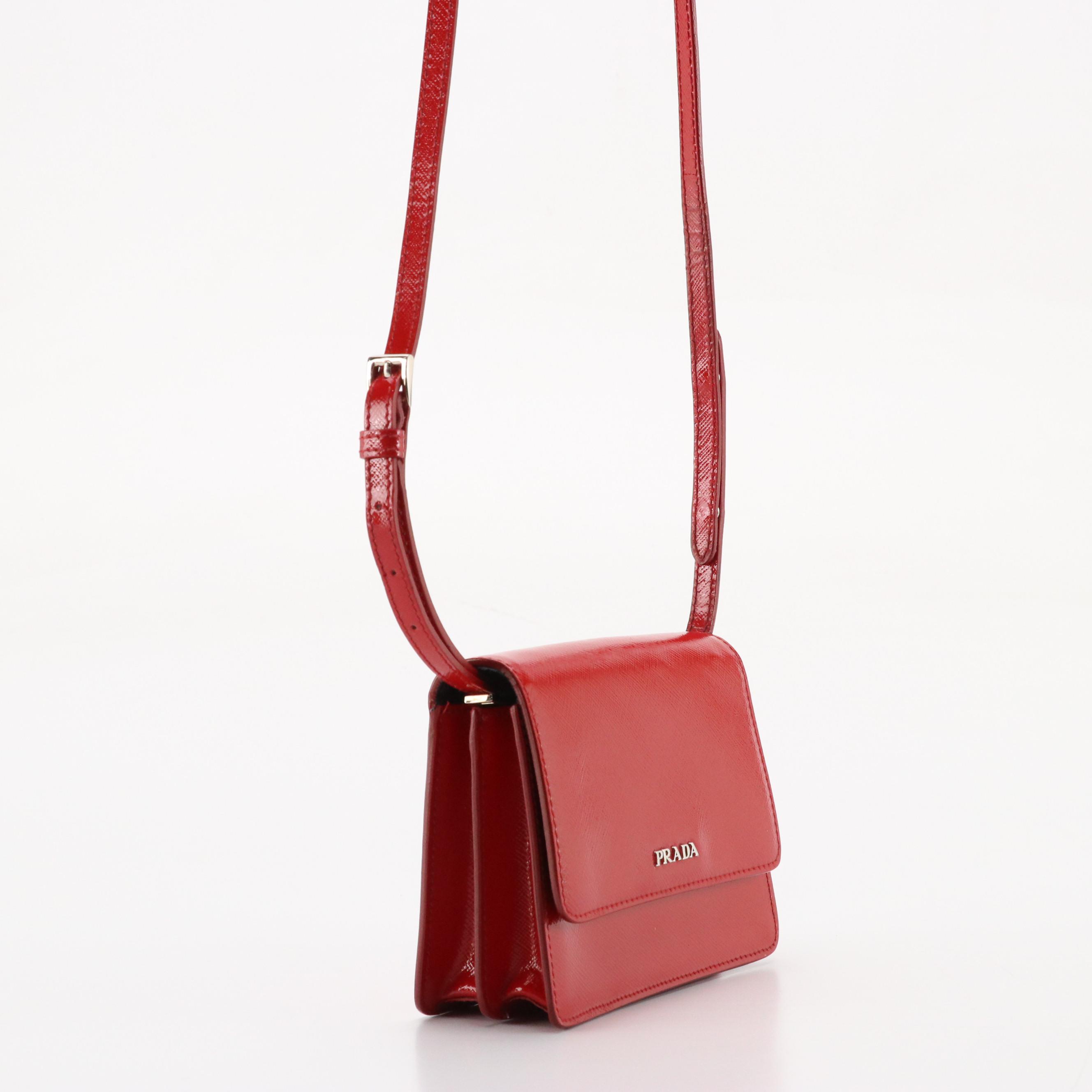 Prada Mini Convertible Flap Bag in Shiny Red Saffiano Leather