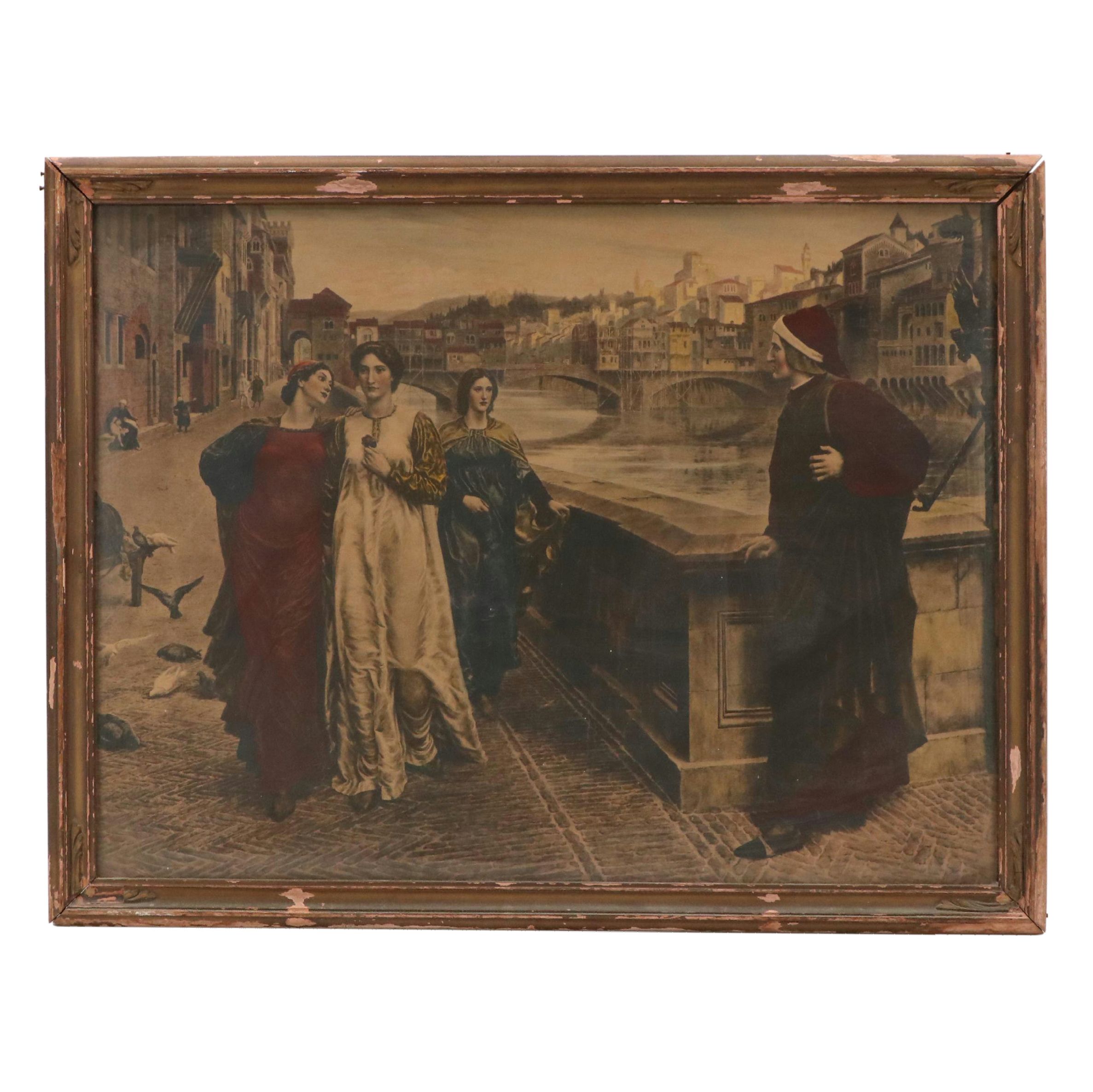 Hand-Colored Rotogravure "The Meeting of Dante and Beatrice" After Henry Holiday