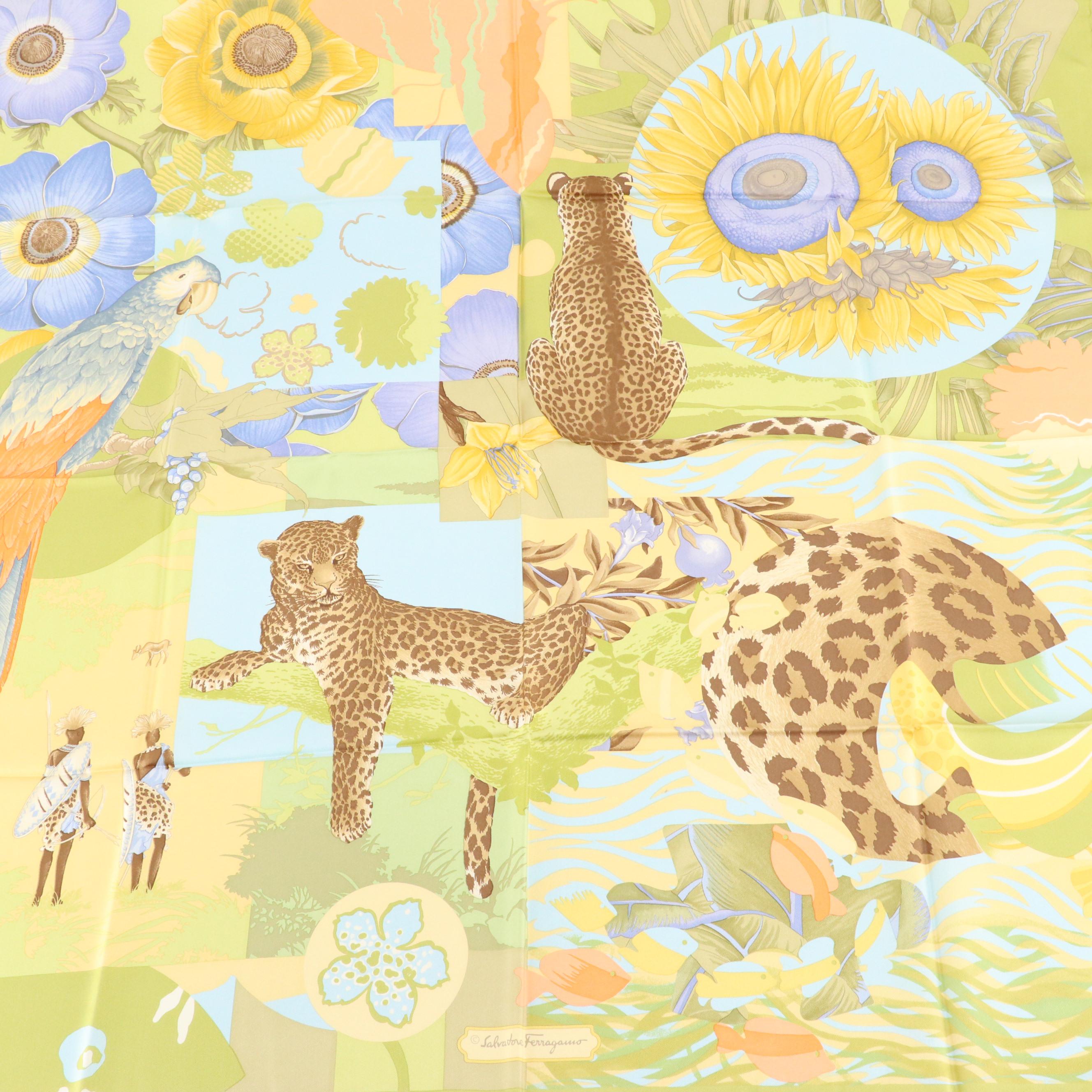 Salvatore Ferragamo African Flora and Fauna Scarf 90 in Silk Twill