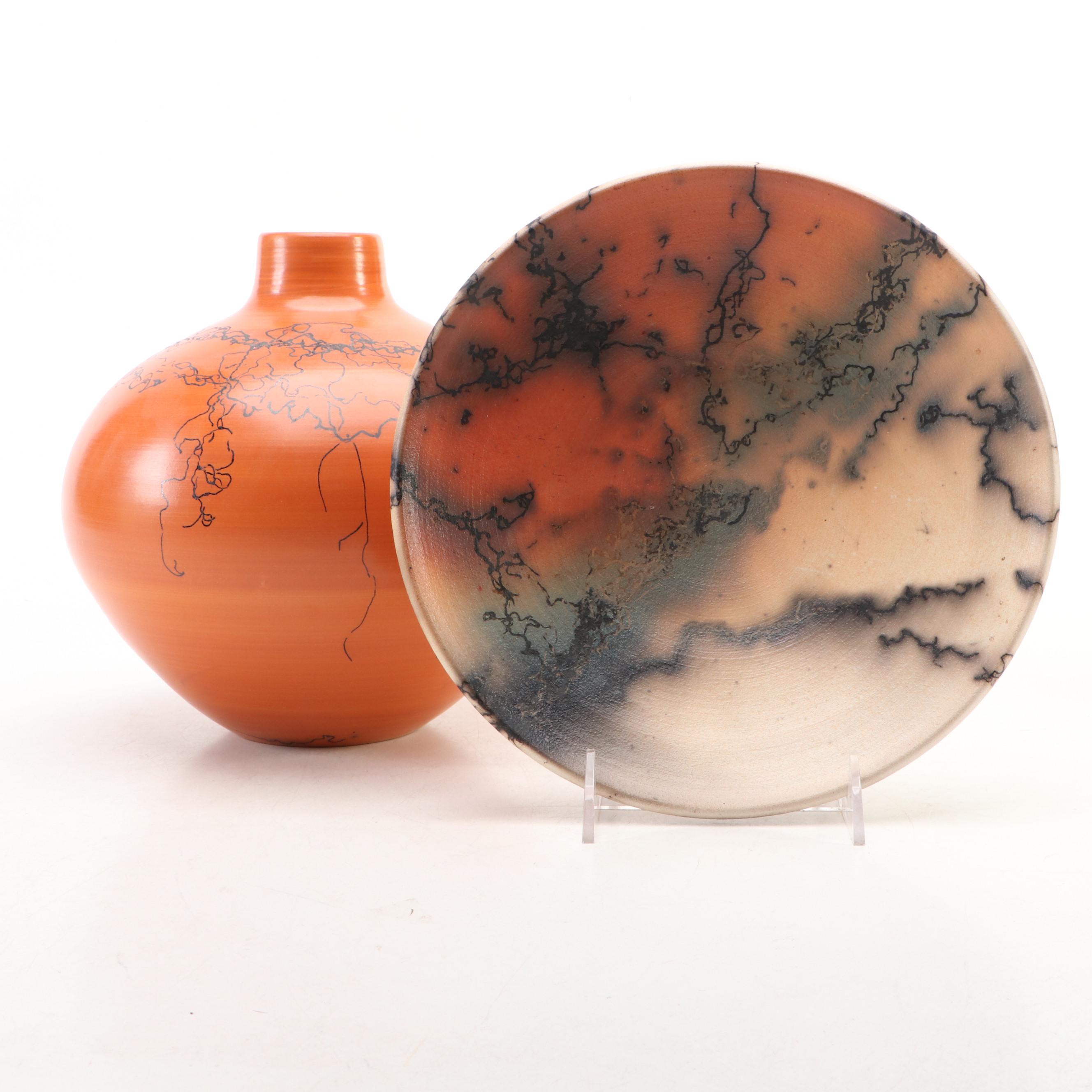 Horsehair Raku Art Pottery Plate with Bottle Vase