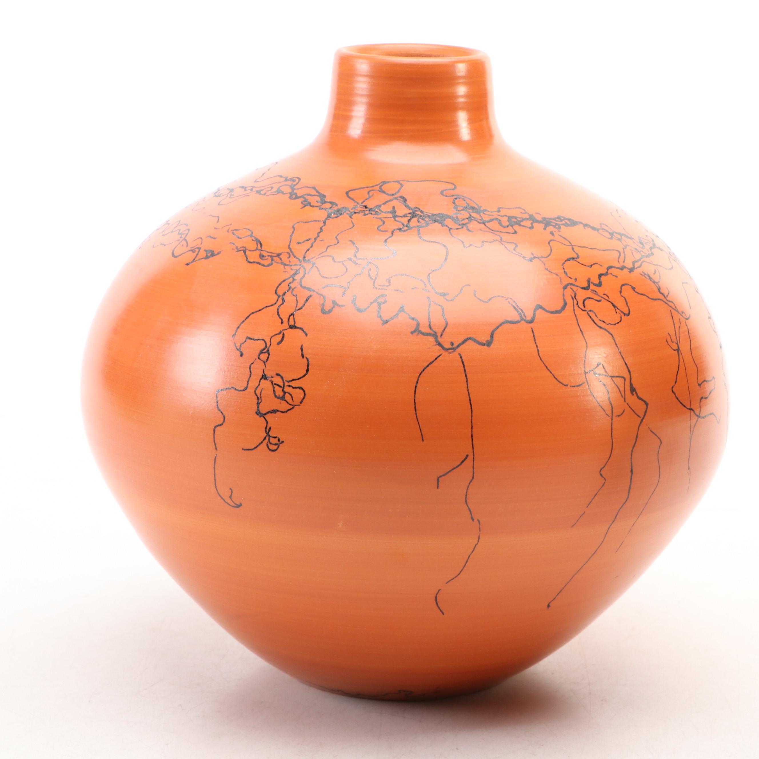 Horsehair Raku Art Pottery Plate with Bottle Vase