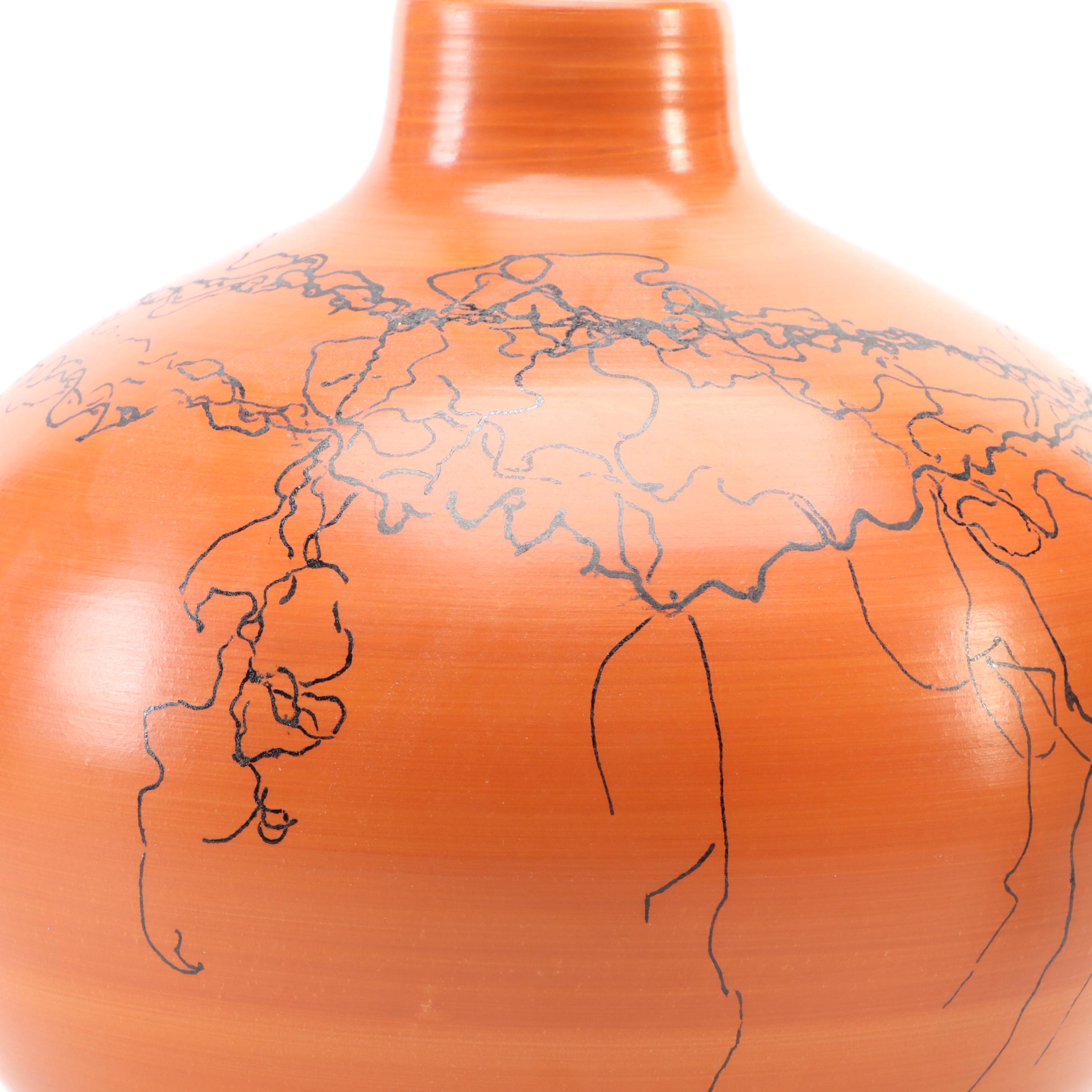 Horsehair Raku Art Pottery Plate with Bottle Vase