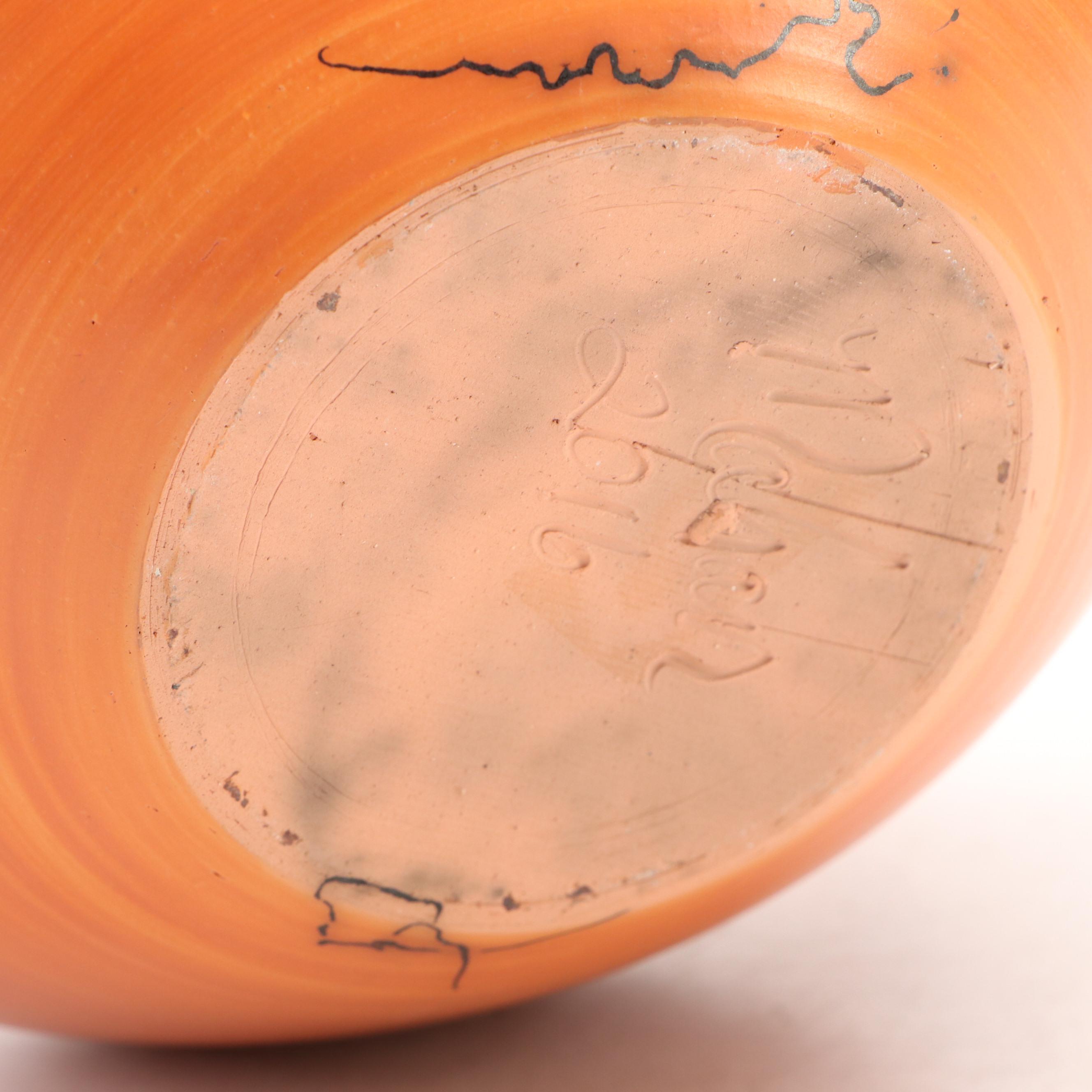 Horsehair Raku Art Pottery Plate with Bottle Vase