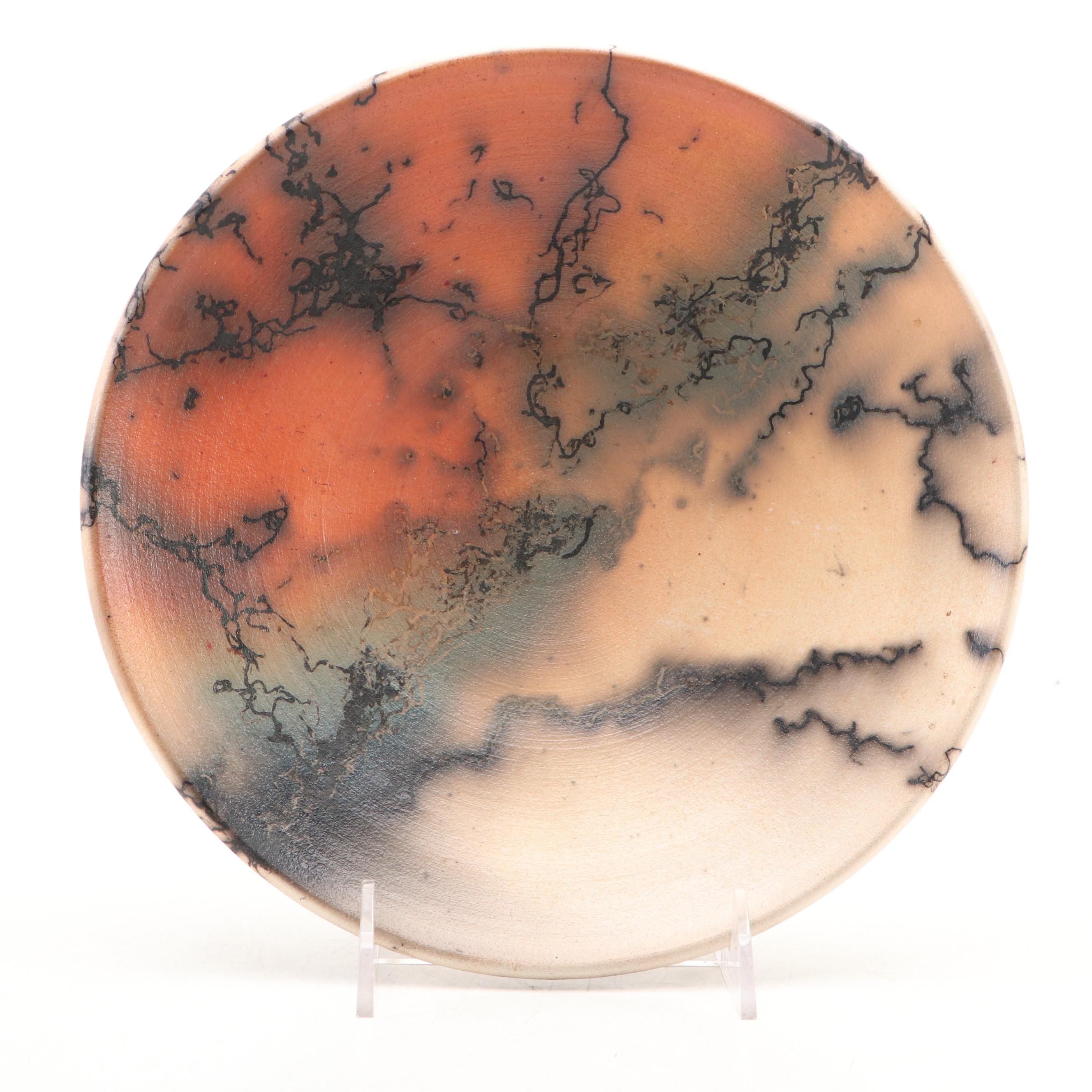 Horsehair Raku Art Pottery Plate with Bottle Vase