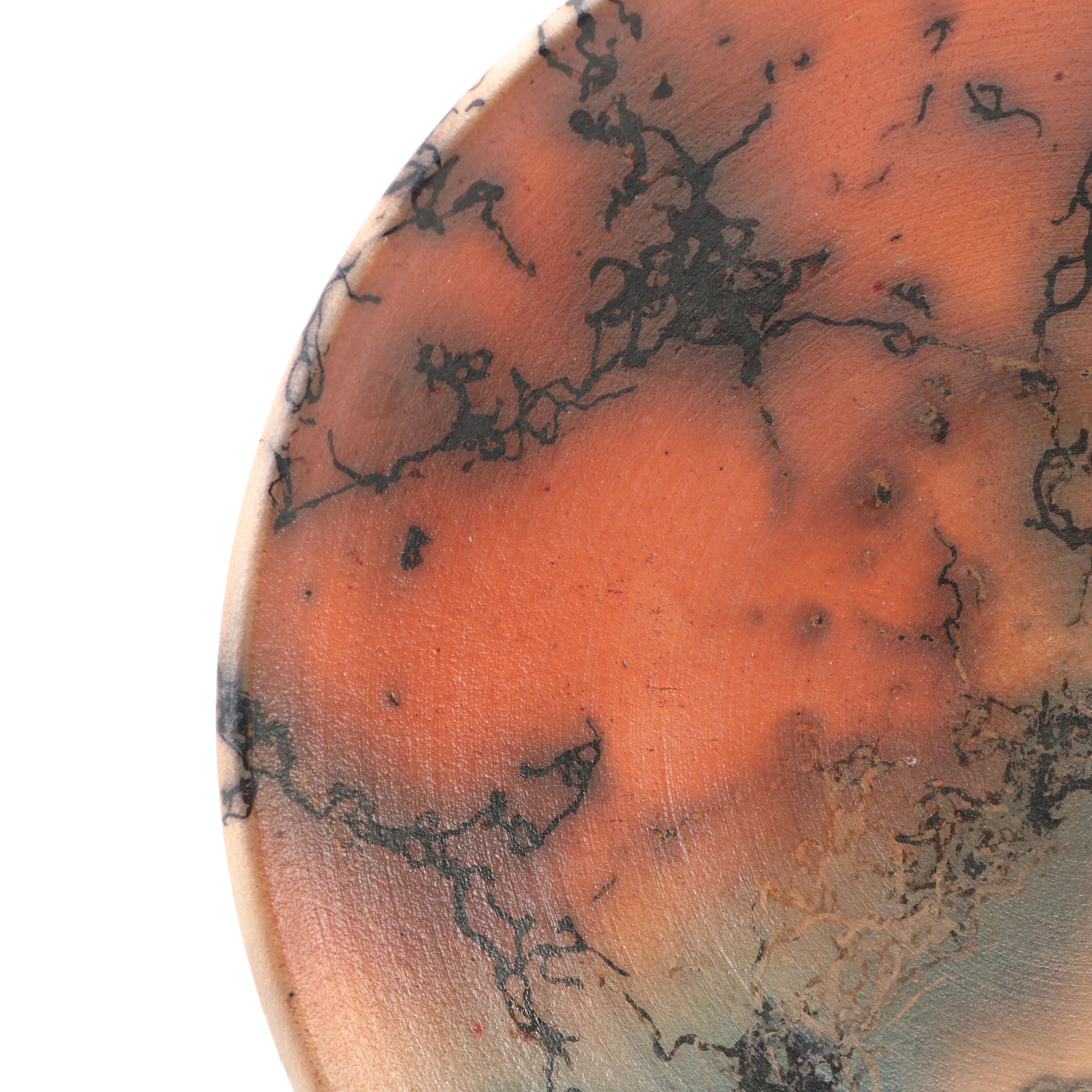 Horsehair Raku Art Pottery Plate with Bottle Vase