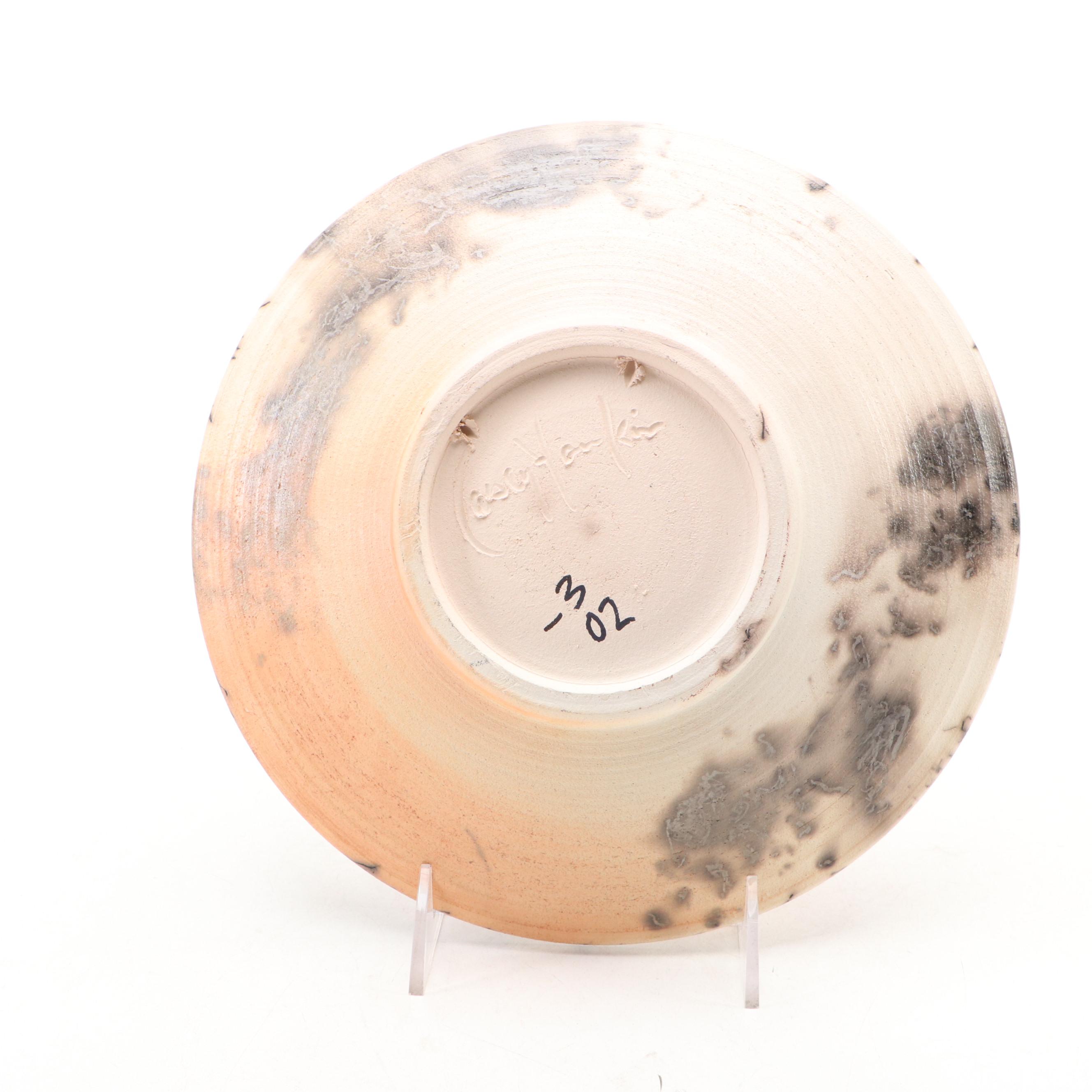 Horsehair Raku Art Pottery Plate with Bottle Vase