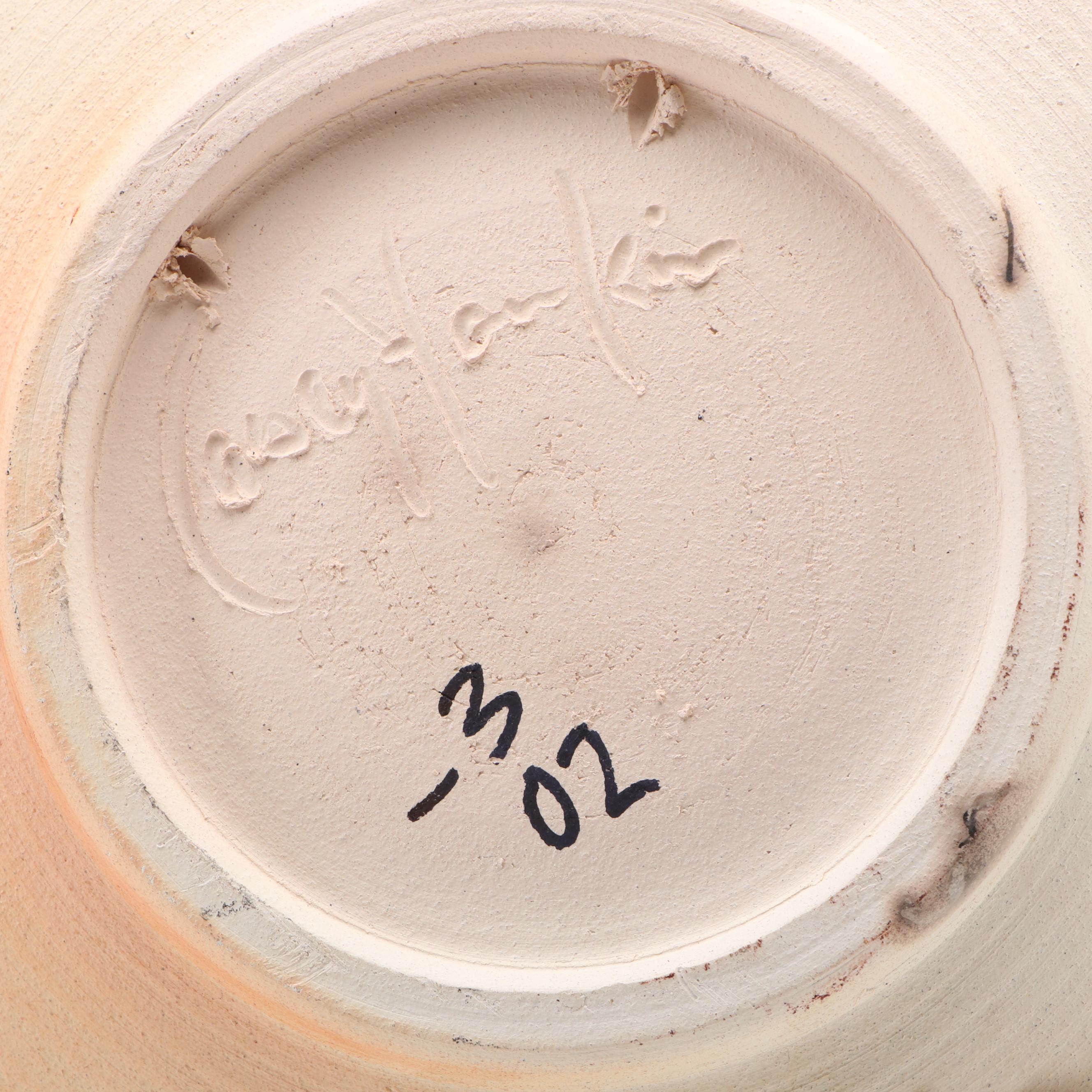 Horsehair Raku Art Pottery Plate with Bottle Vase