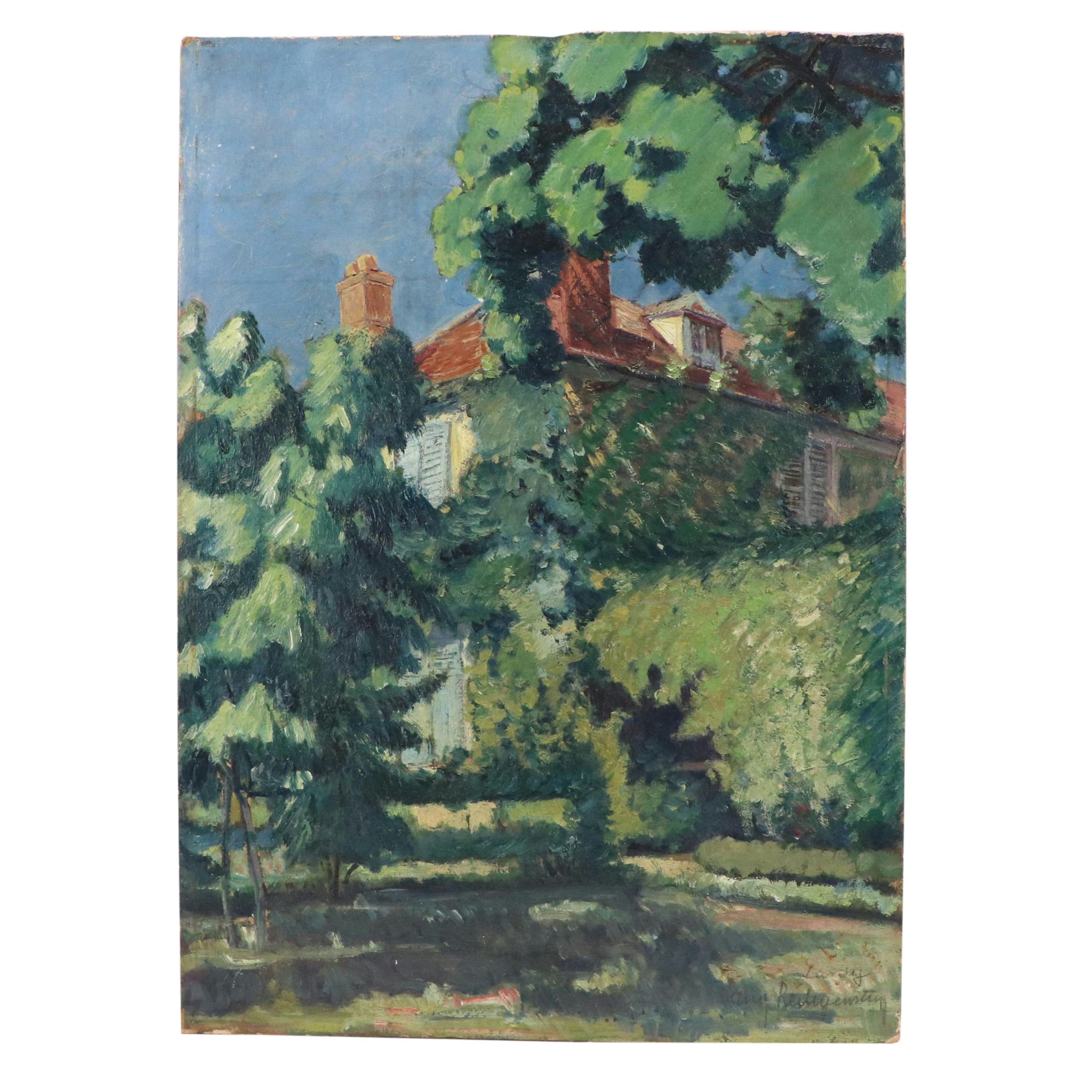 European Garden Oil Painting of Vine-Covered House