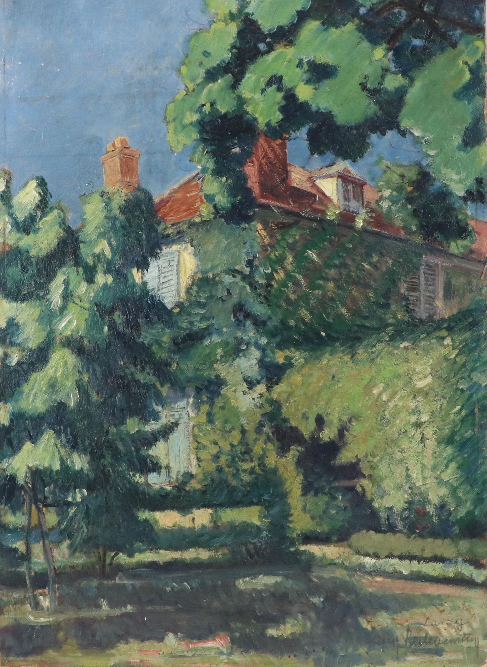 European Garden Oil Painting of Vine-Covered House