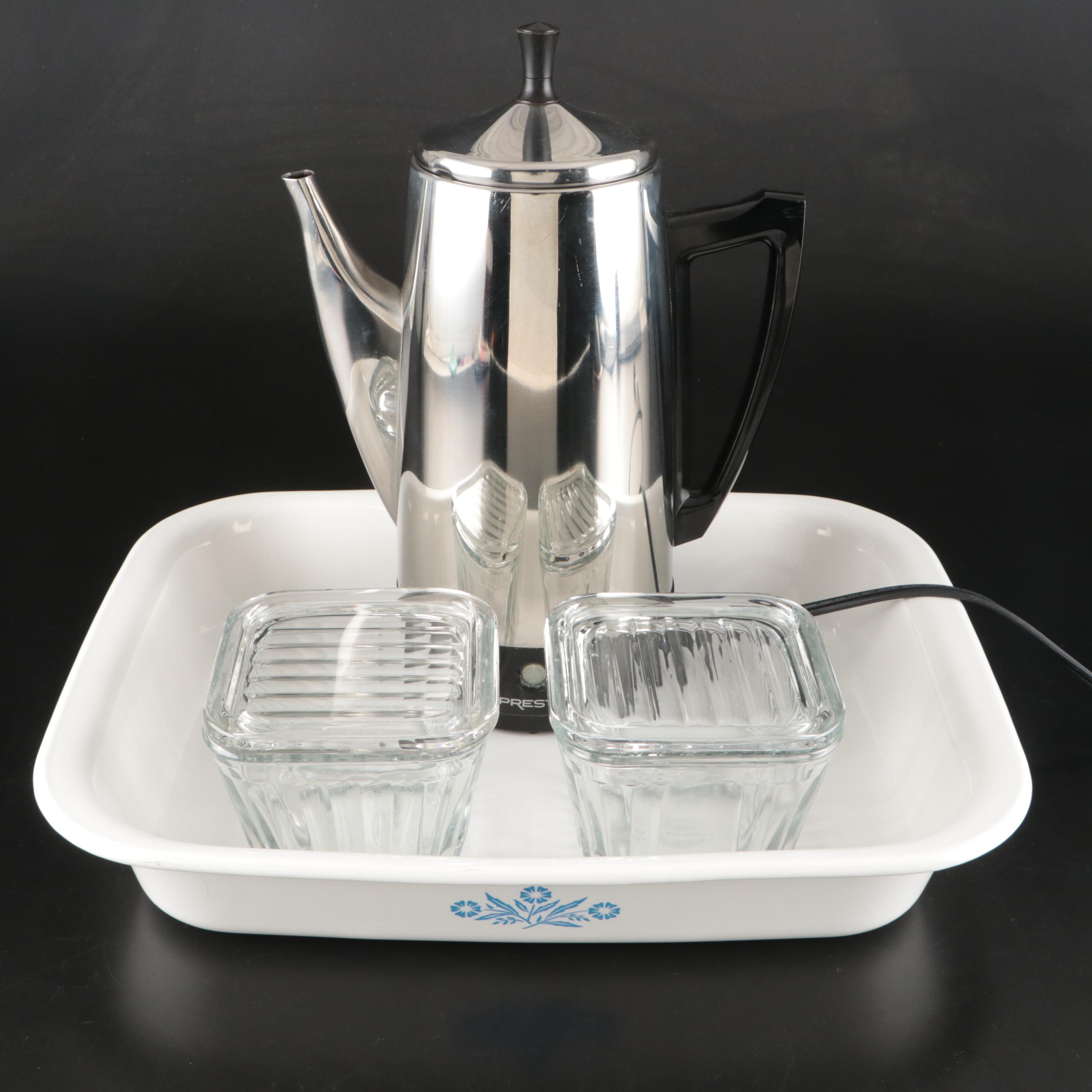 Presto Electric Kettle, Anchor Hocking Lidded Glass Bowls, and Corning Ware Dish