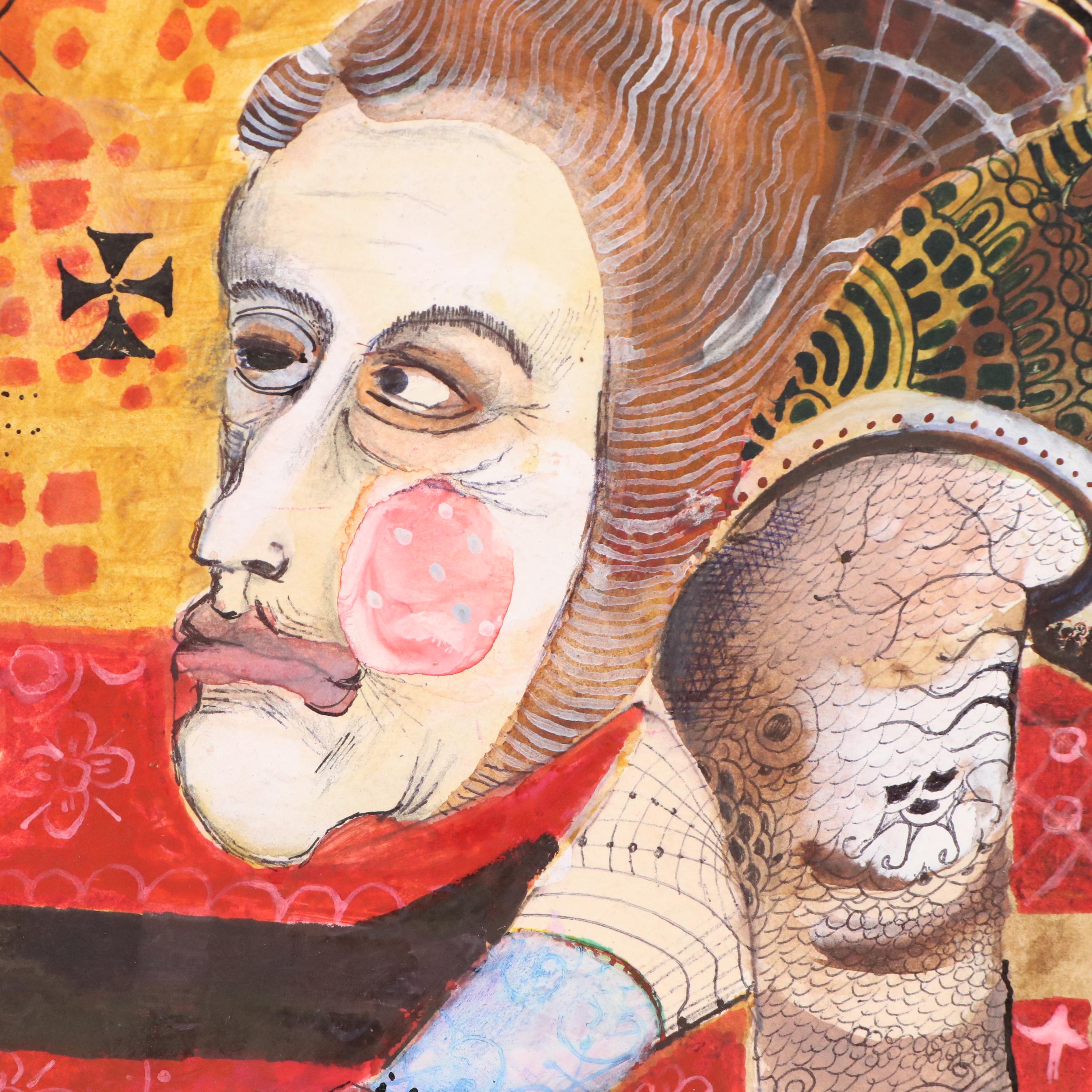 Nikolay "Kuk" Manuylov Figural Surrealist Mixed Media Painting, 1998