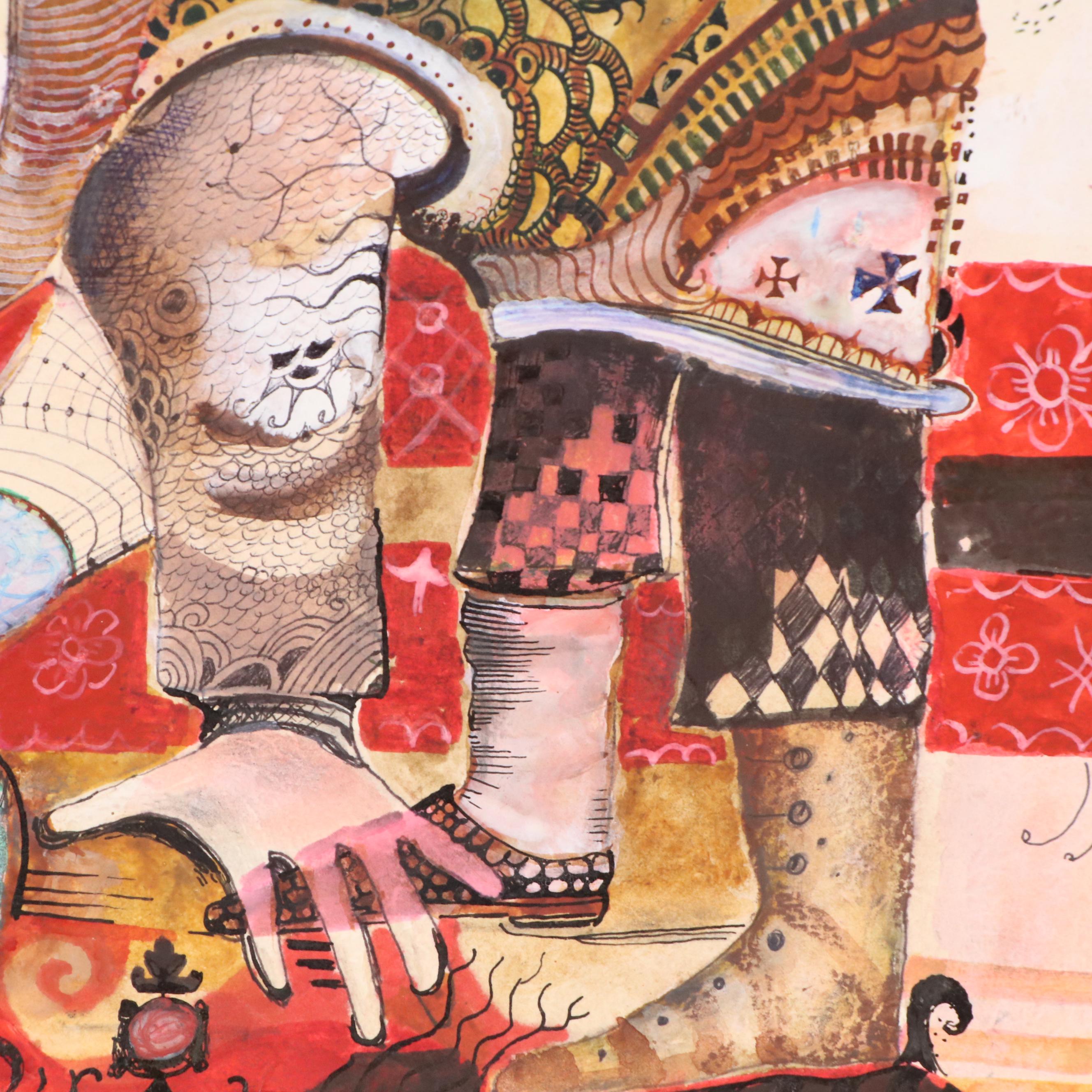 Nikolay "Kuk" Manuylov Figural Surrealist Mixed Media Painting, 1998