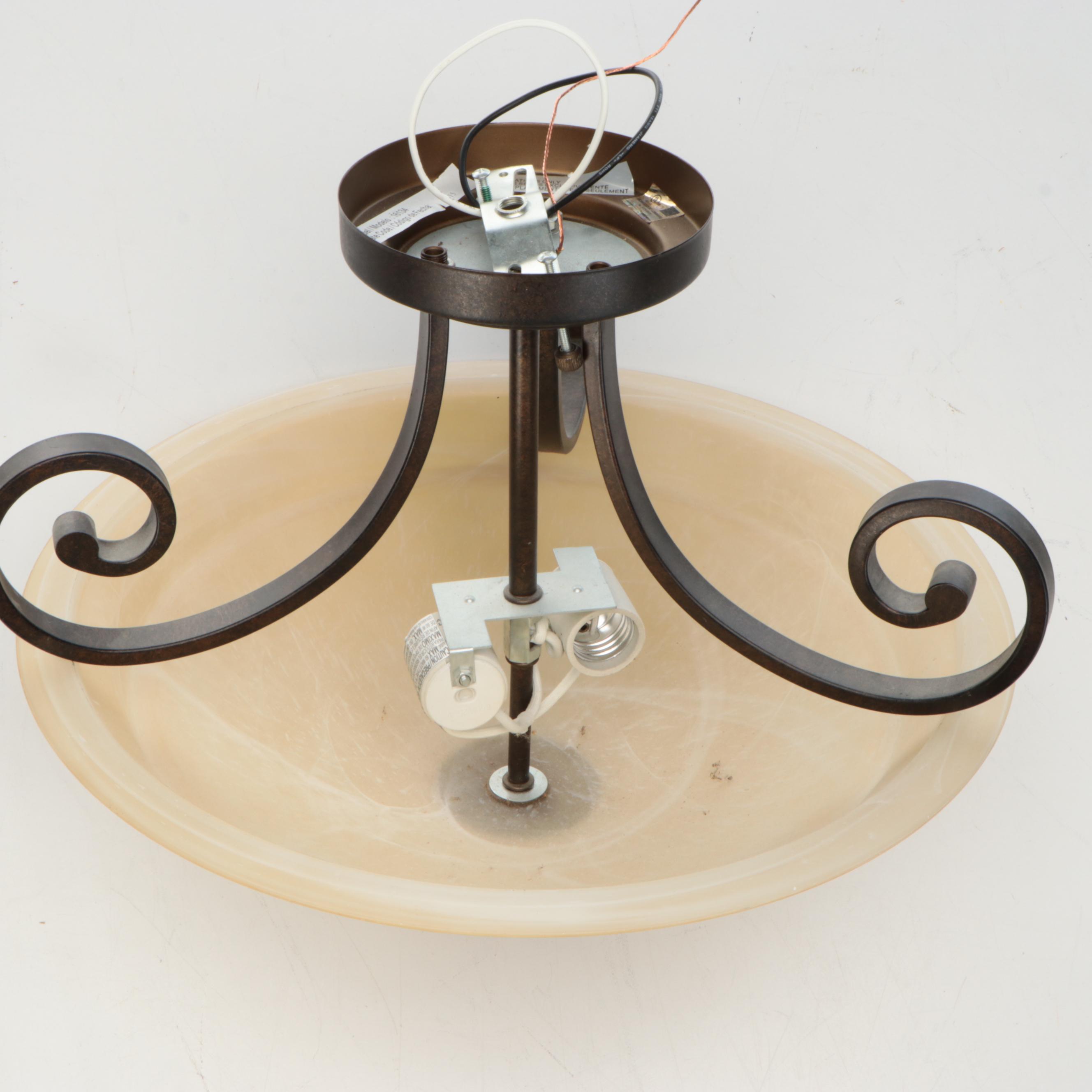 Bronzed Metal and Alabaster Glass Plafonnier Ceiling Fixture