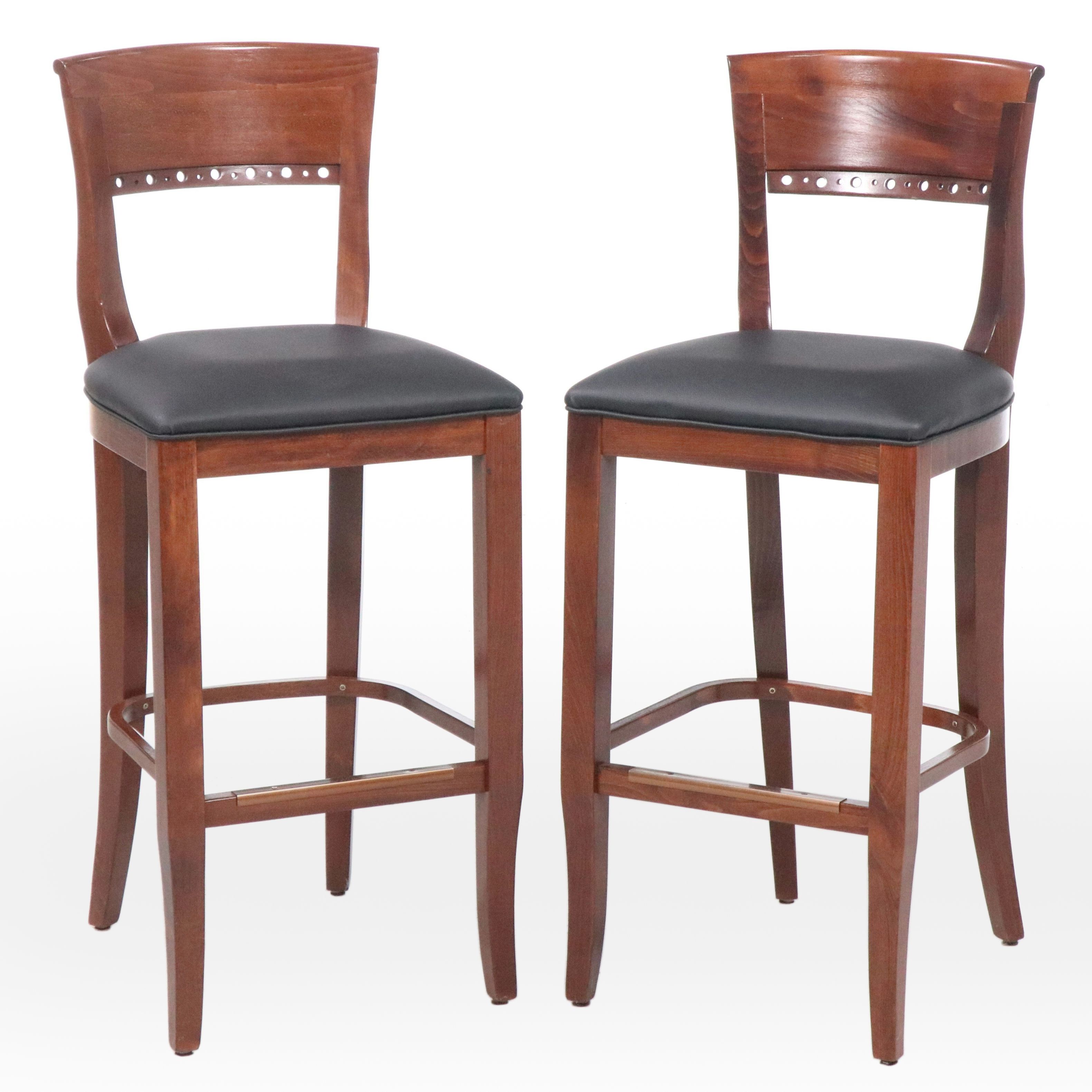 Pair of Contemporary Faux Leather and Walnut Barstools