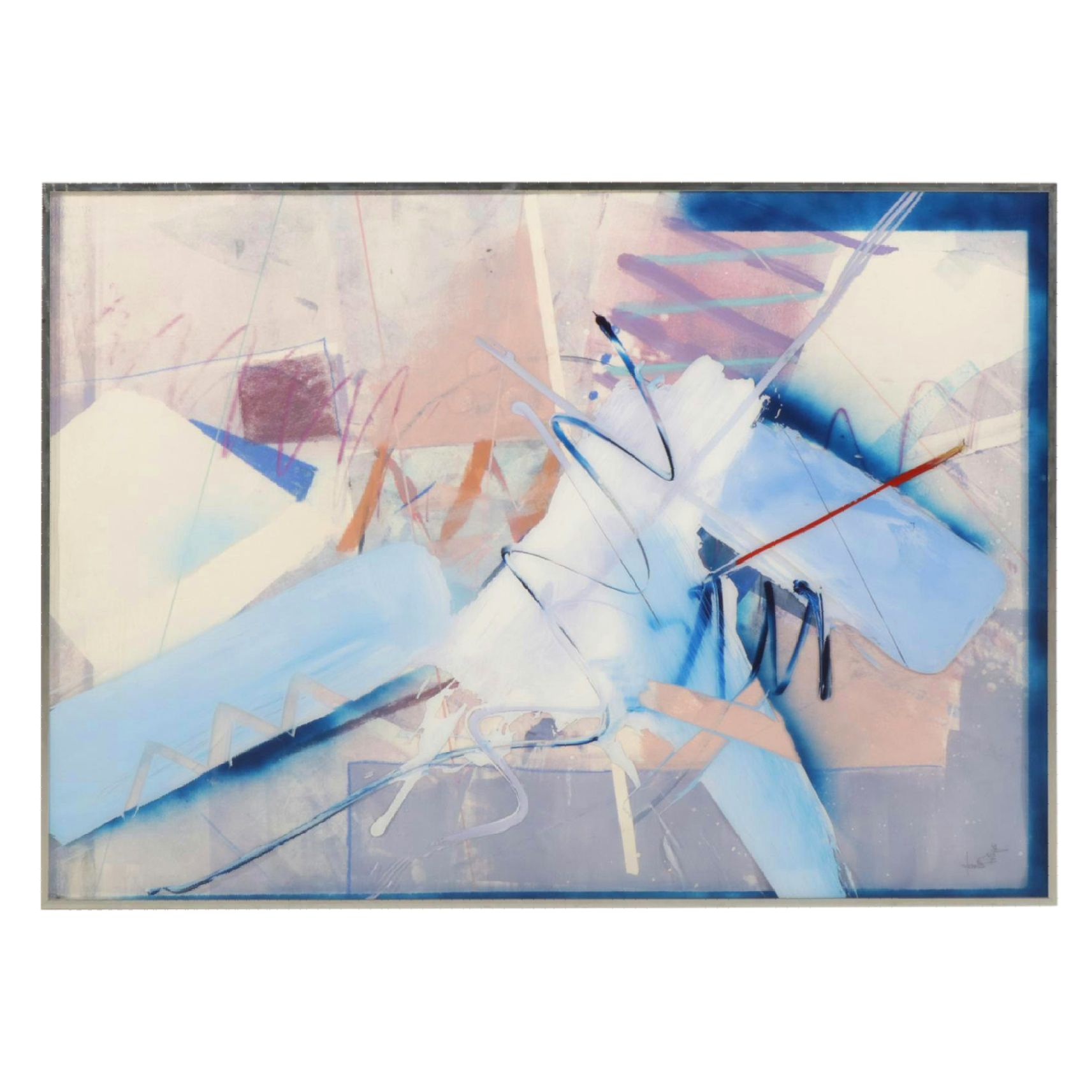 Dennis Frings Blue Abstract Modernist Mixed Media Painting, Late 20th Century