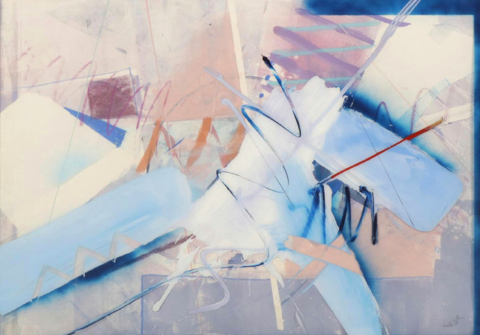 Dennis Frings Blue Abstract Modernist Mixed Media Painting, Late 20th Century