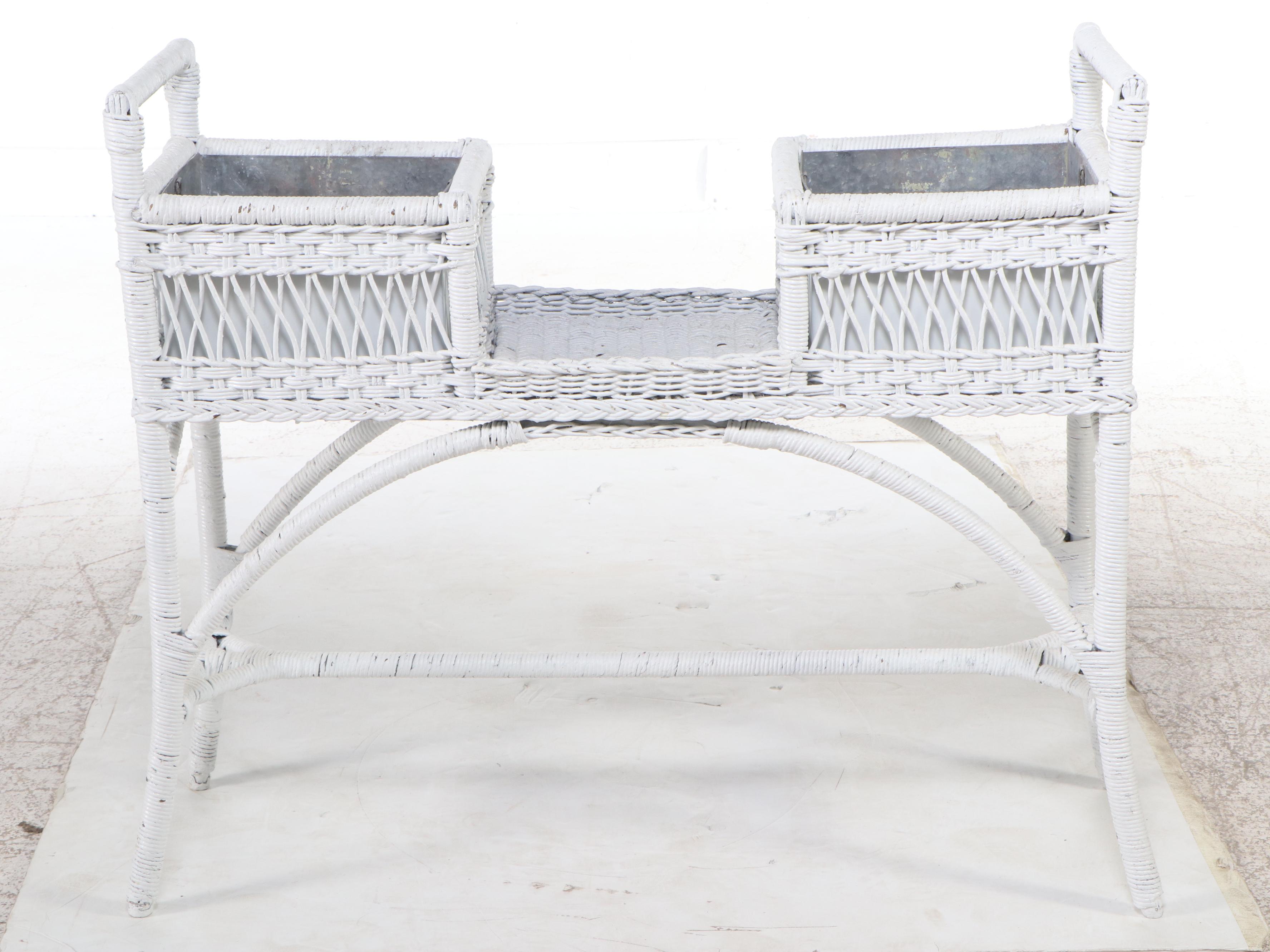 White-Painted Wicker Rattan Plant Stand with Zinc Inserts