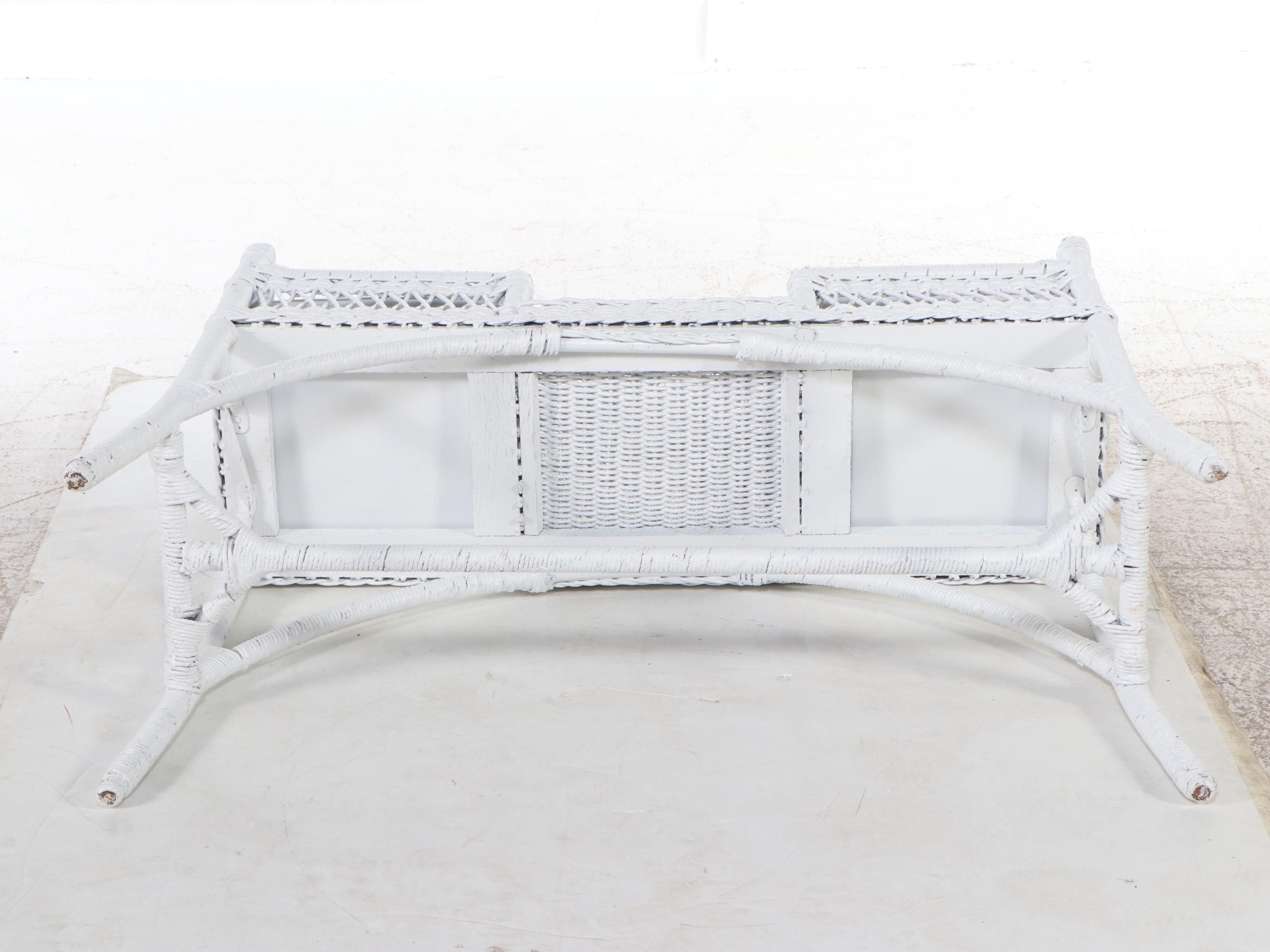 White-Painted Wicker Rattan Plant Stand with Zinc Inserts