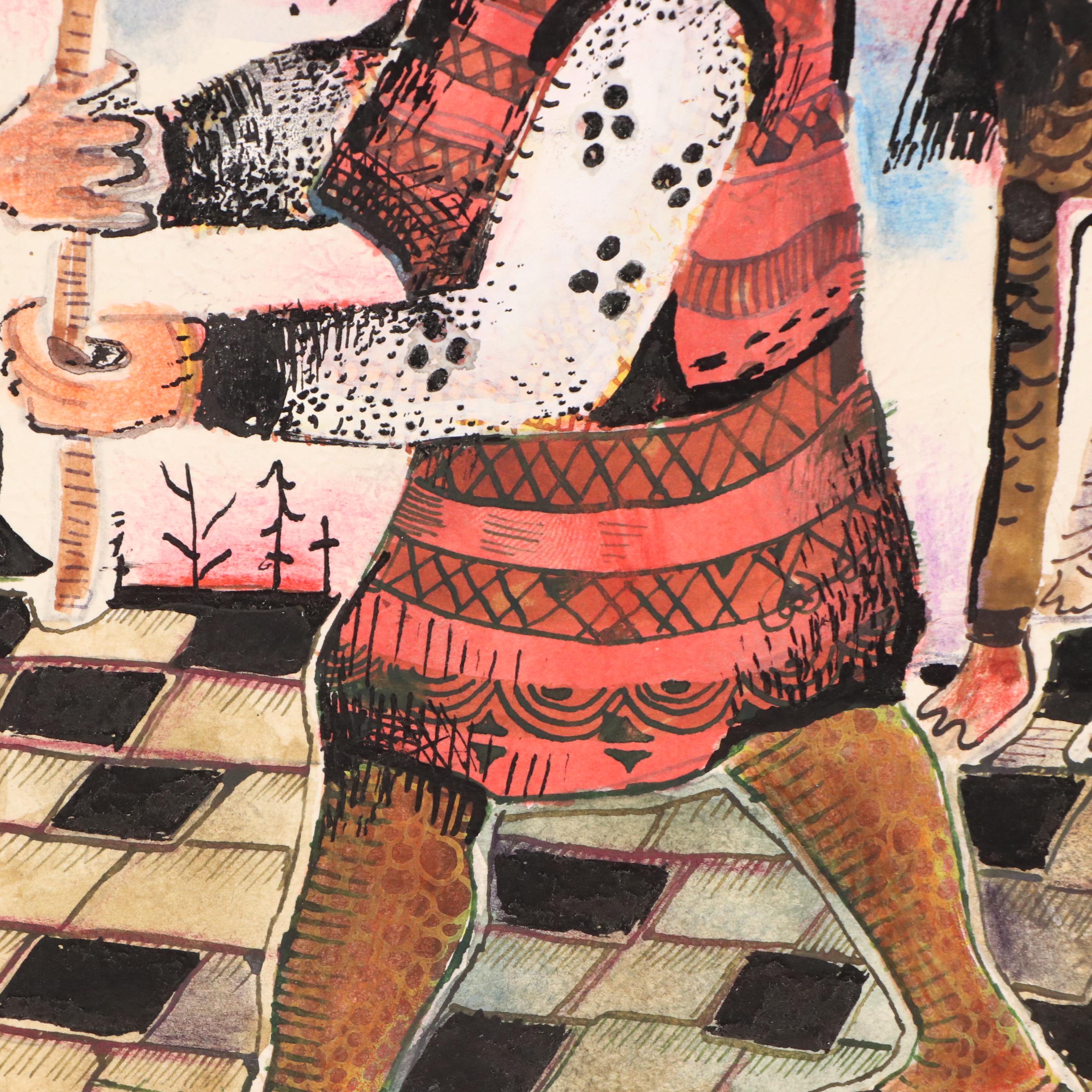 Nikolay "Kuk" Manuylov Figural Surrealist Mixed Media Painting, 1998