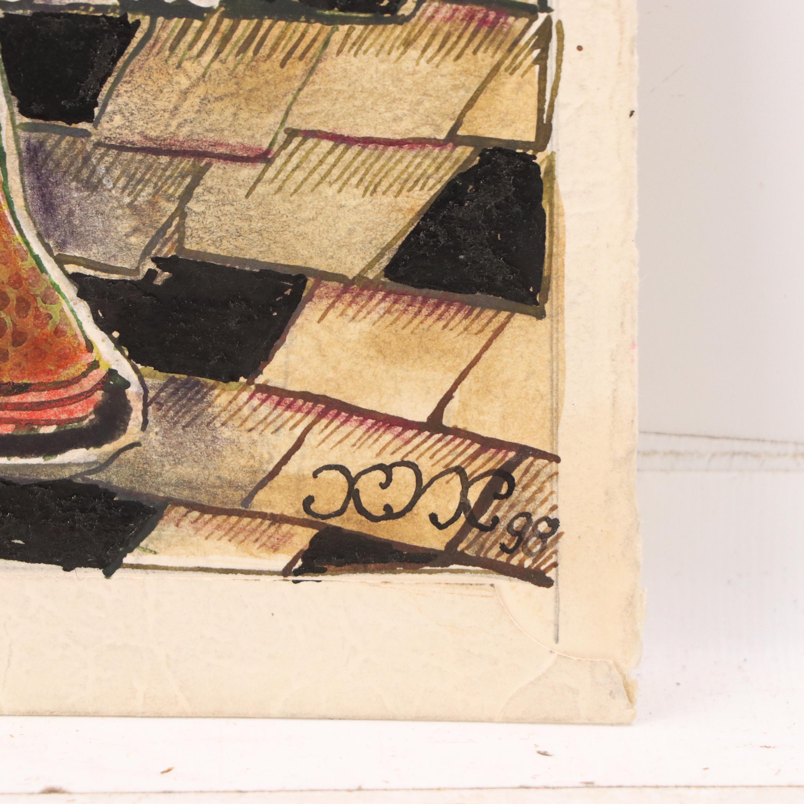 Nikolay "Kuk" Manuylov Figural Surrealist Mixed Media Painting, 1998