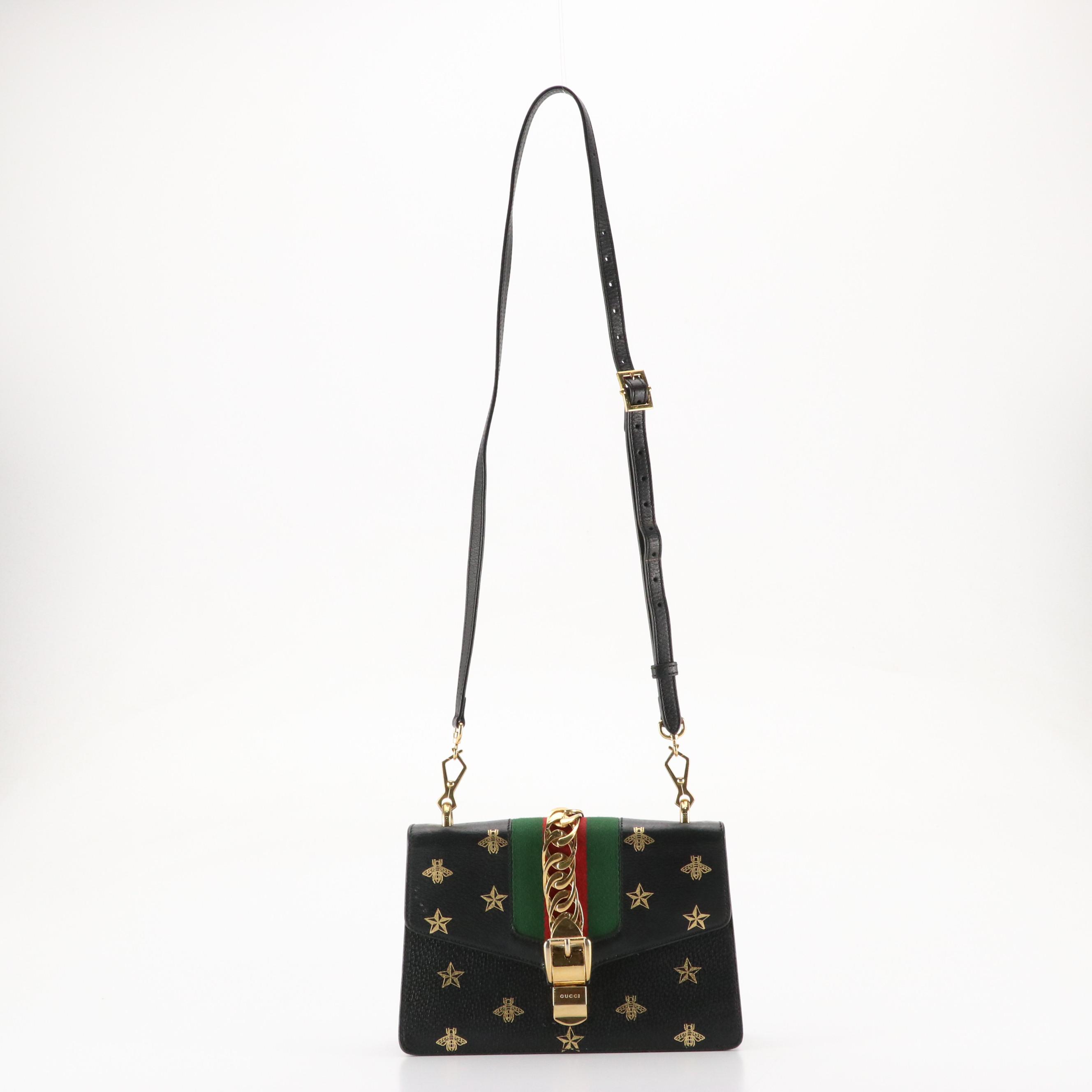 Gucci Sylvie Crossbody Bag in Black Bee Star Printed Calfskin Leather