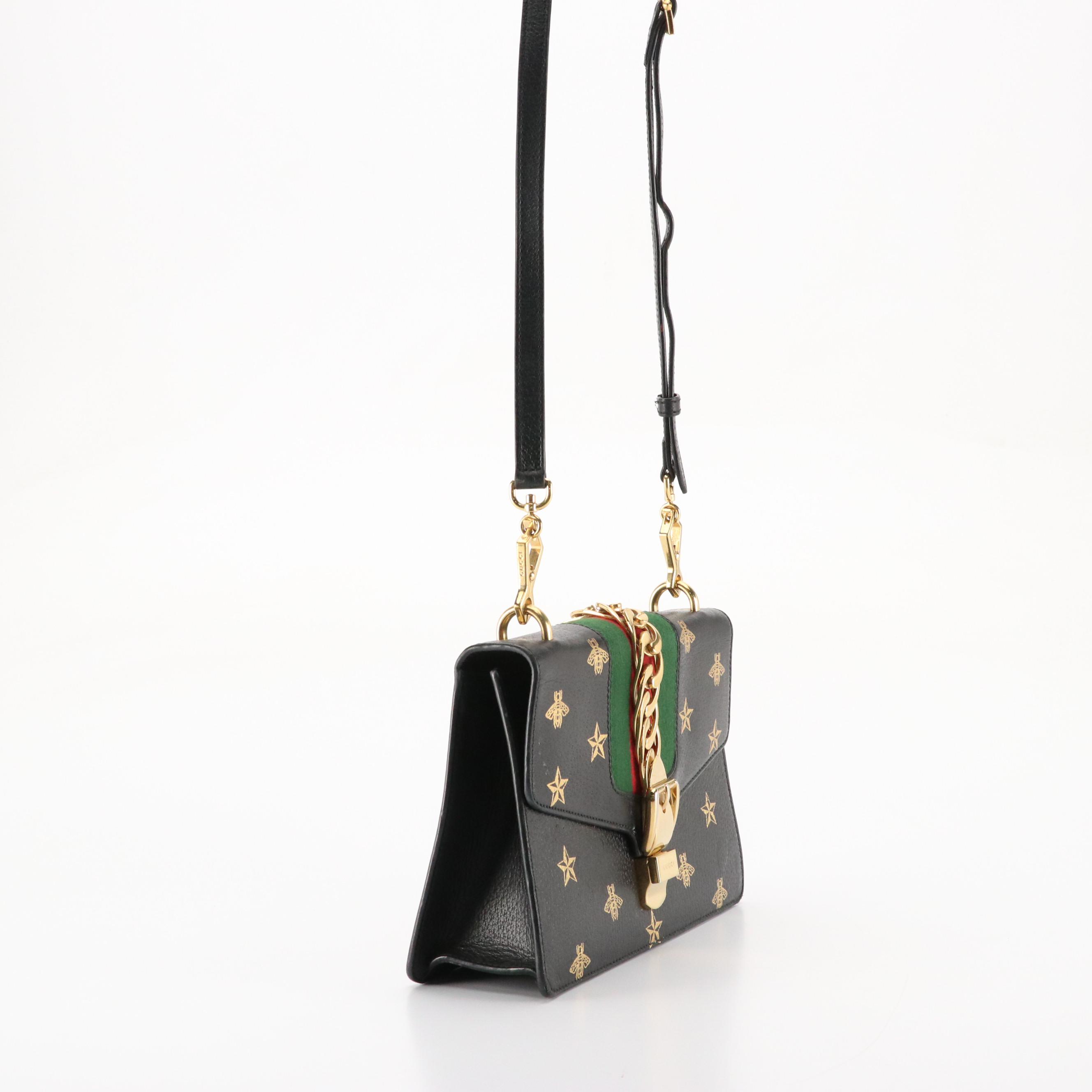 Gucci Sylvie Crossbody Bag in Black Bee Star Printed Calfskin Leather