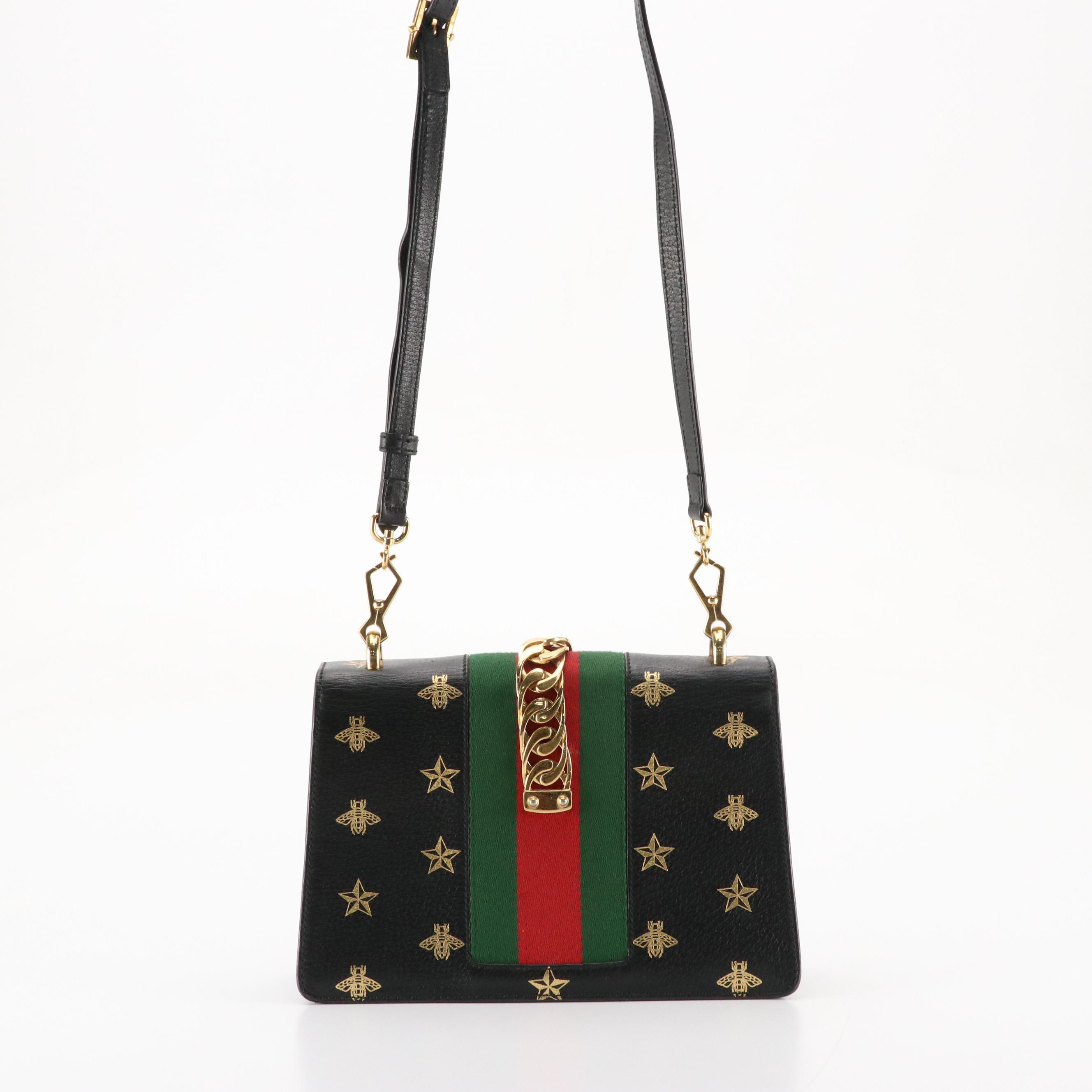 Gucci Sylvie Crossbody Bag in Black Bee Star Printed Calfskin Leather