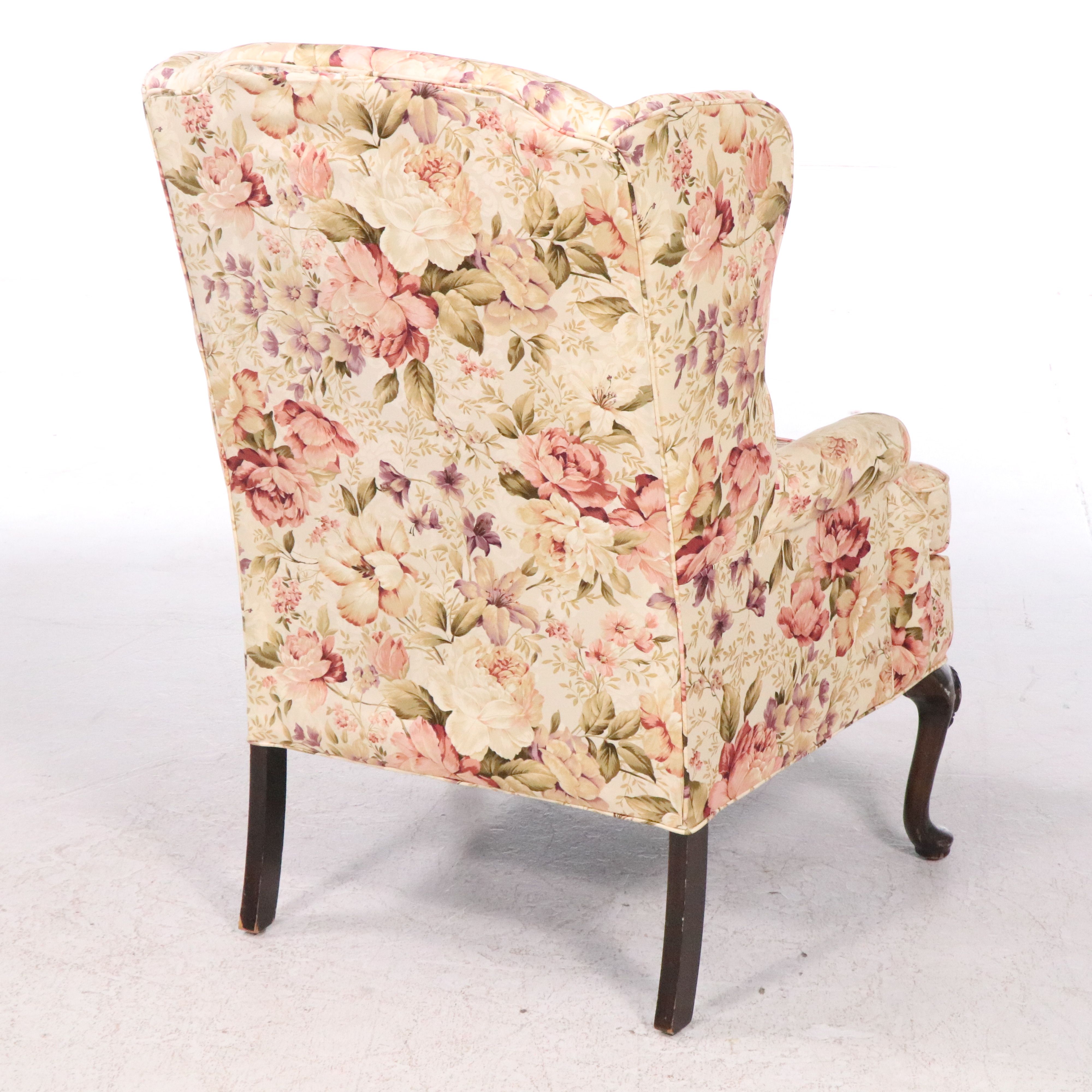 Queen Anne Style Floral Wingback Armchair