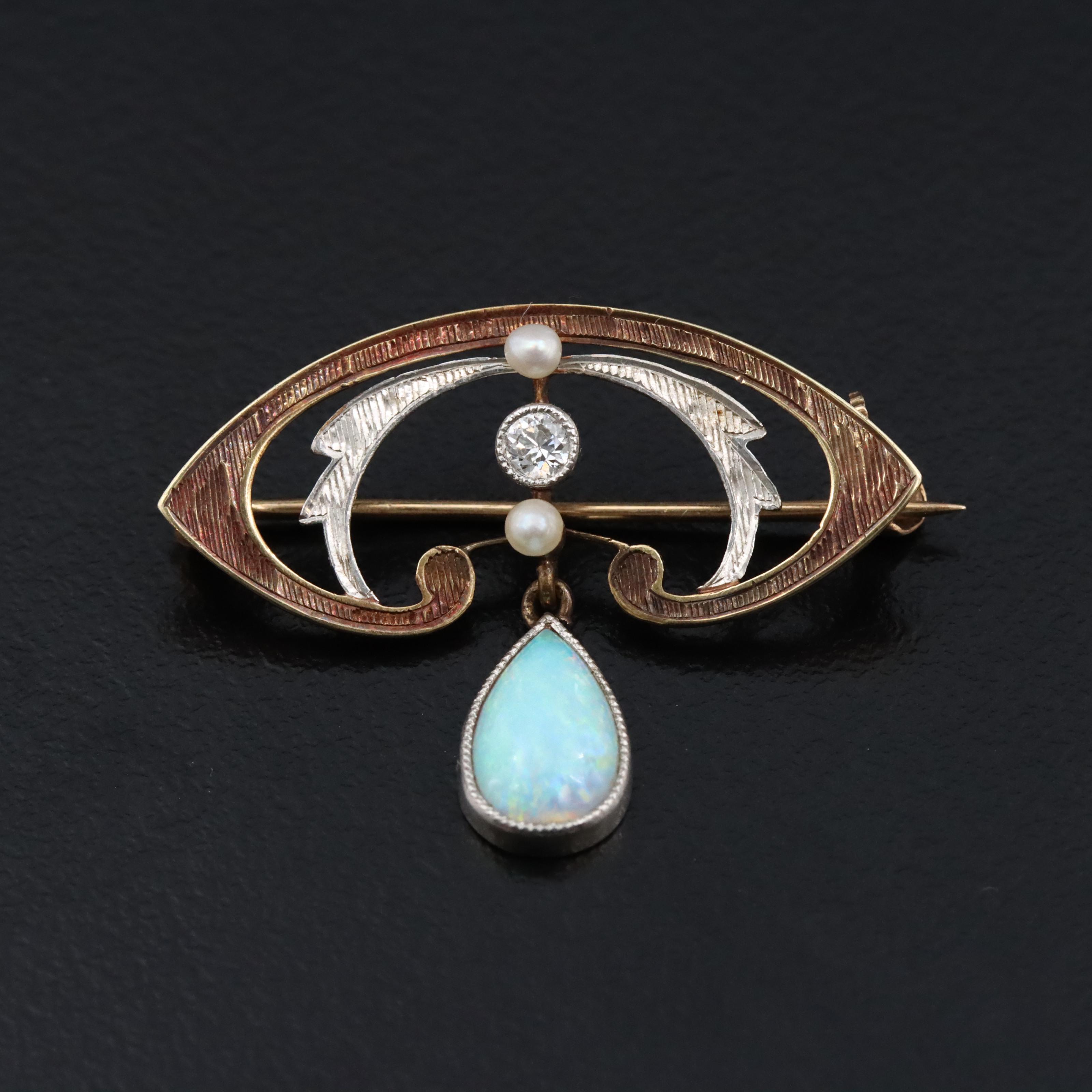 14K and Platinum Opal, Diamond, Seed Pearl Pin