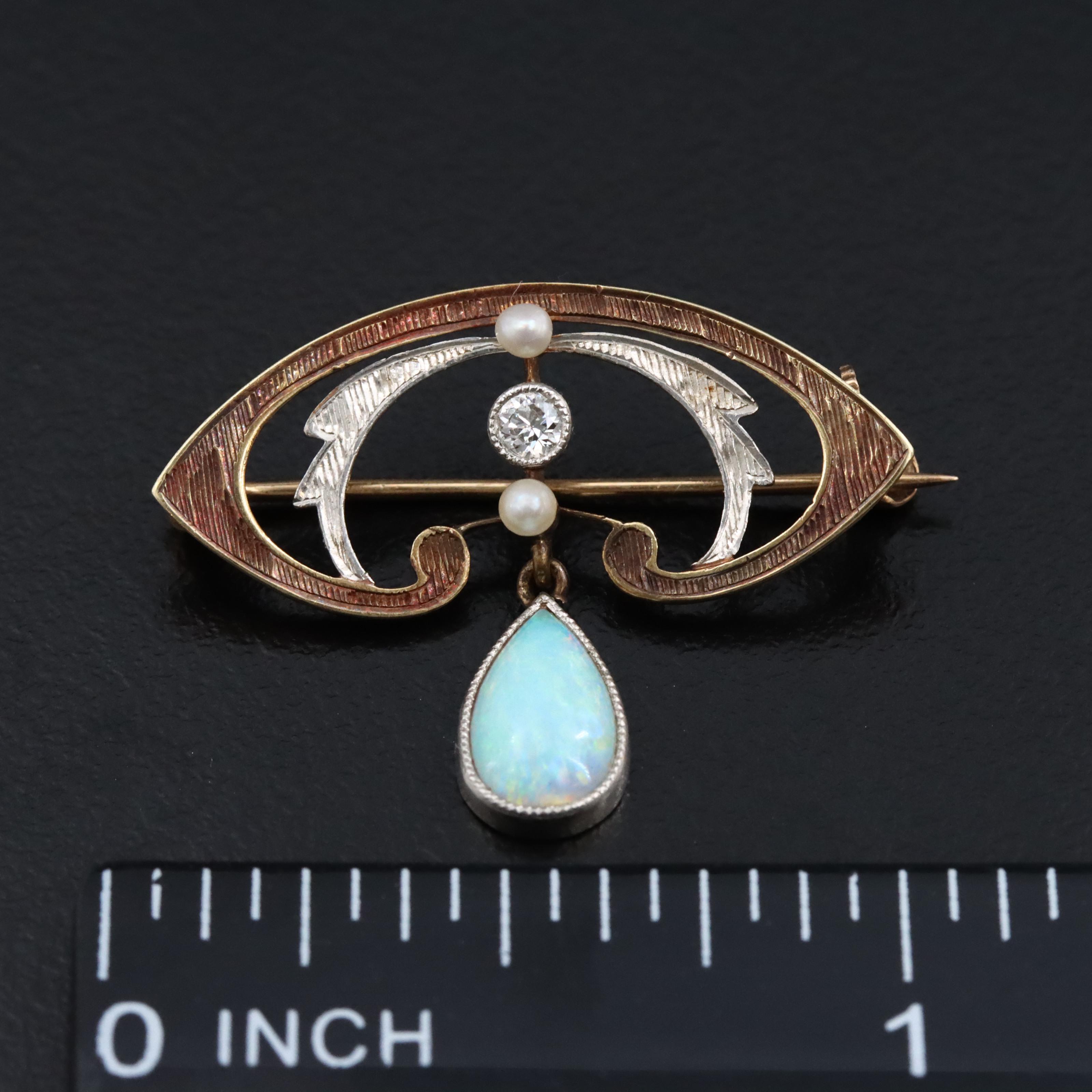 14K and Platinum Opal, Diamond, Seed Pearl Pin