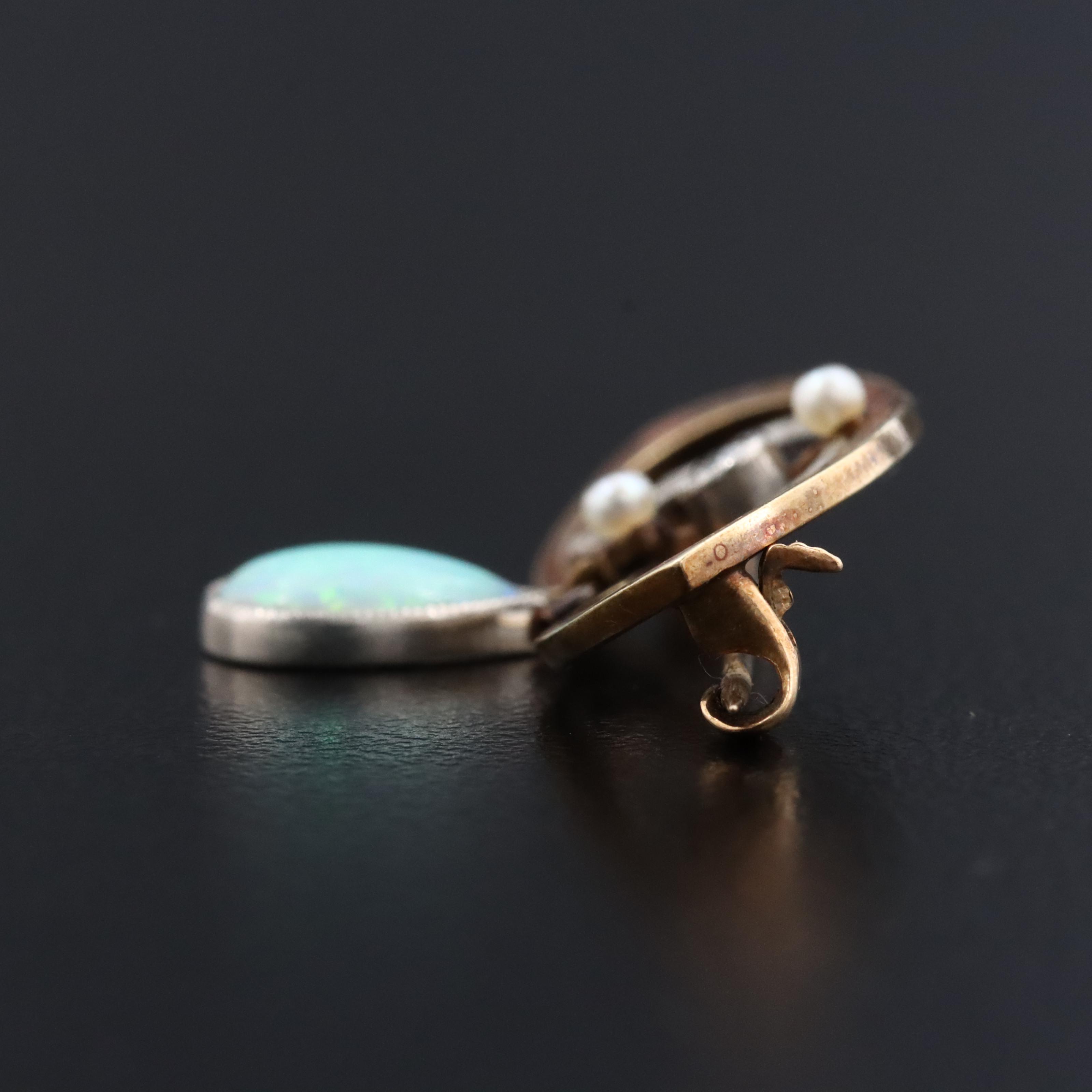 14K and Platinum Opal, Diamond, Seed Pearl Pin
