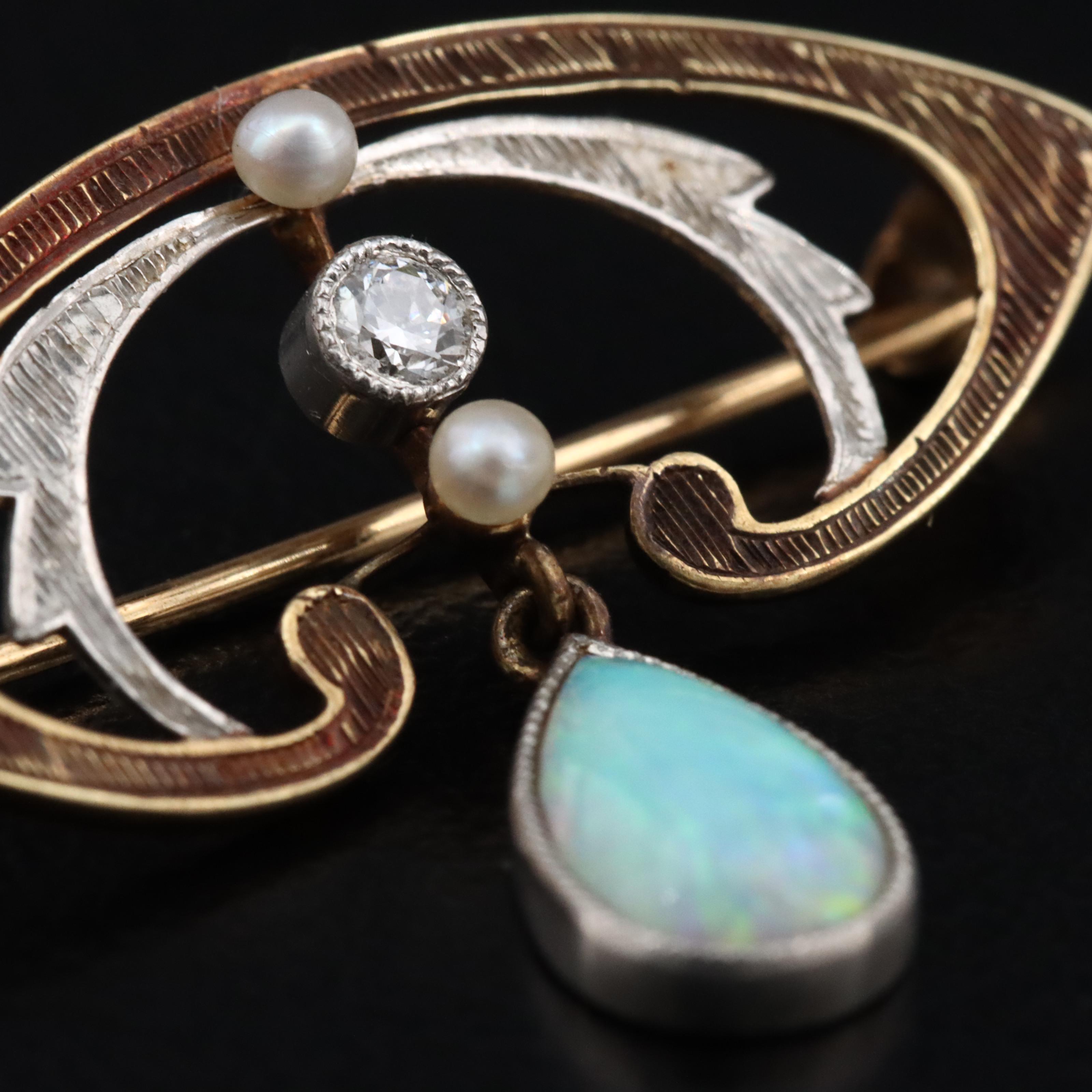 14K and Platinum Opal, Diamond, Seed Pearl Pin