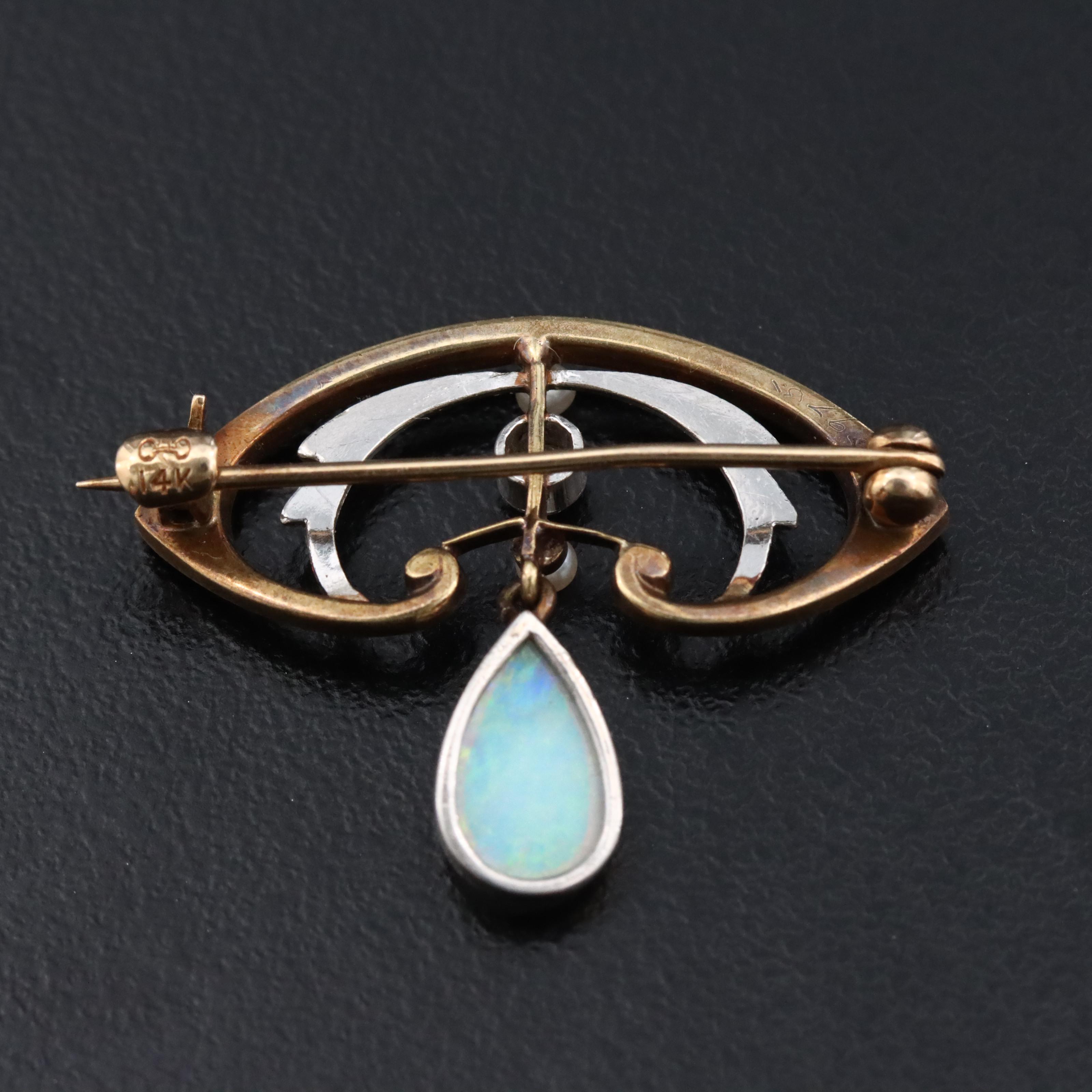 14K and Platinum Opal, Diamond, Seed Pearl Pin