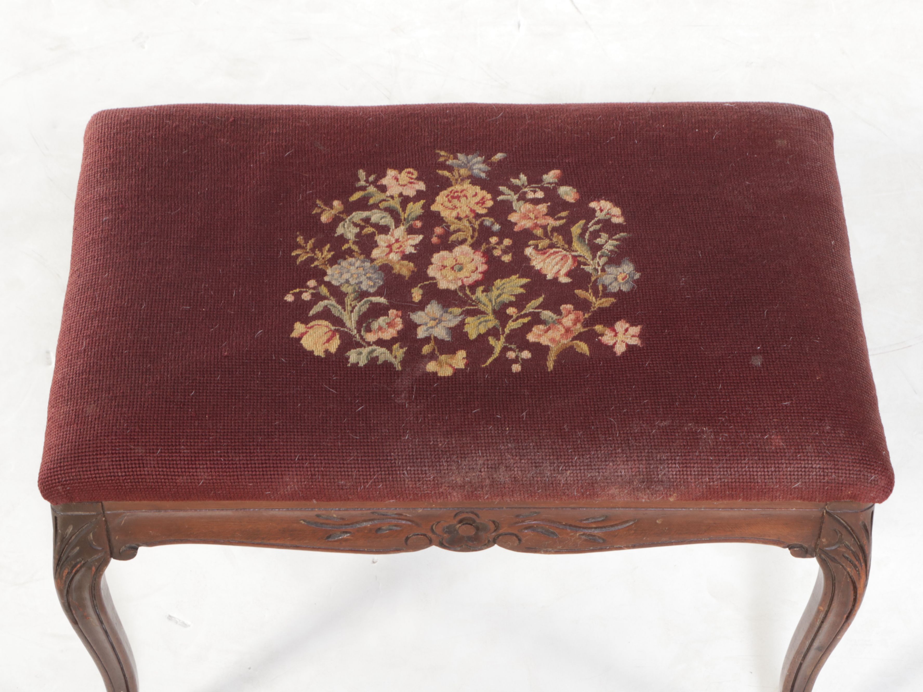 Victorian Style Floral Needlepoint Carved Mahogany Footstool