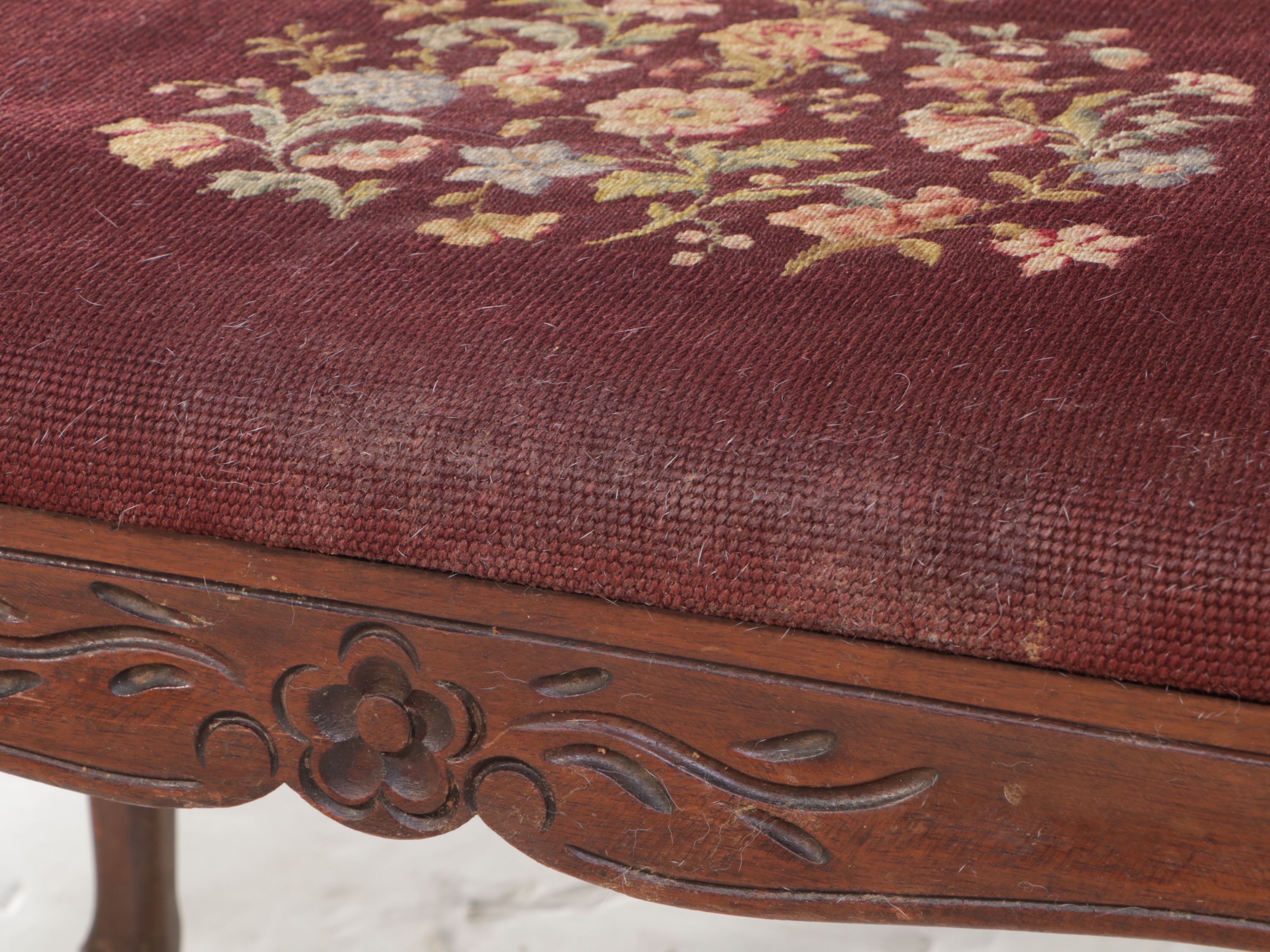 Victorian Style Floral Needlepoint Carved Mahogany Footstool